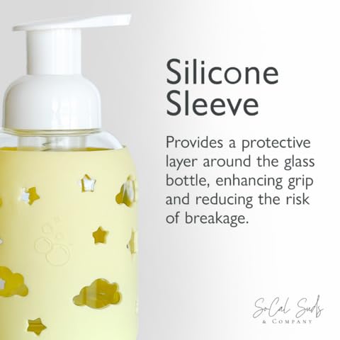 SoCal Suds & Company Glass Bottle Foaming Soap Dispenser - Soft Grip Silicone Sleeve, Refillable Pump Bottle for Kids, Baby Wash & Shampoo, Hand Soap Dispenser, Ideal for Home Use, Light Yellow 8oz