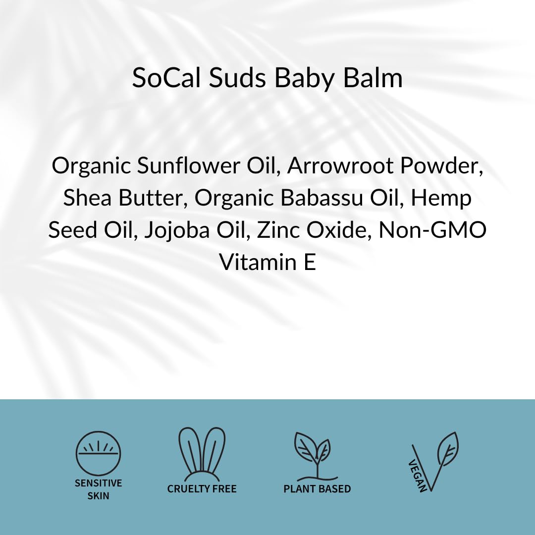 SoCal Suds & Company Natural Bottom Balm - Gentle Care for Sensitive Baby Skin with Shea Butter, Sunflower Oil, Babassu, Hemp, Jojoba, Vitamin E & Zinc Oxide, Multipurpose Ointment, Fragrance Free, 4oz