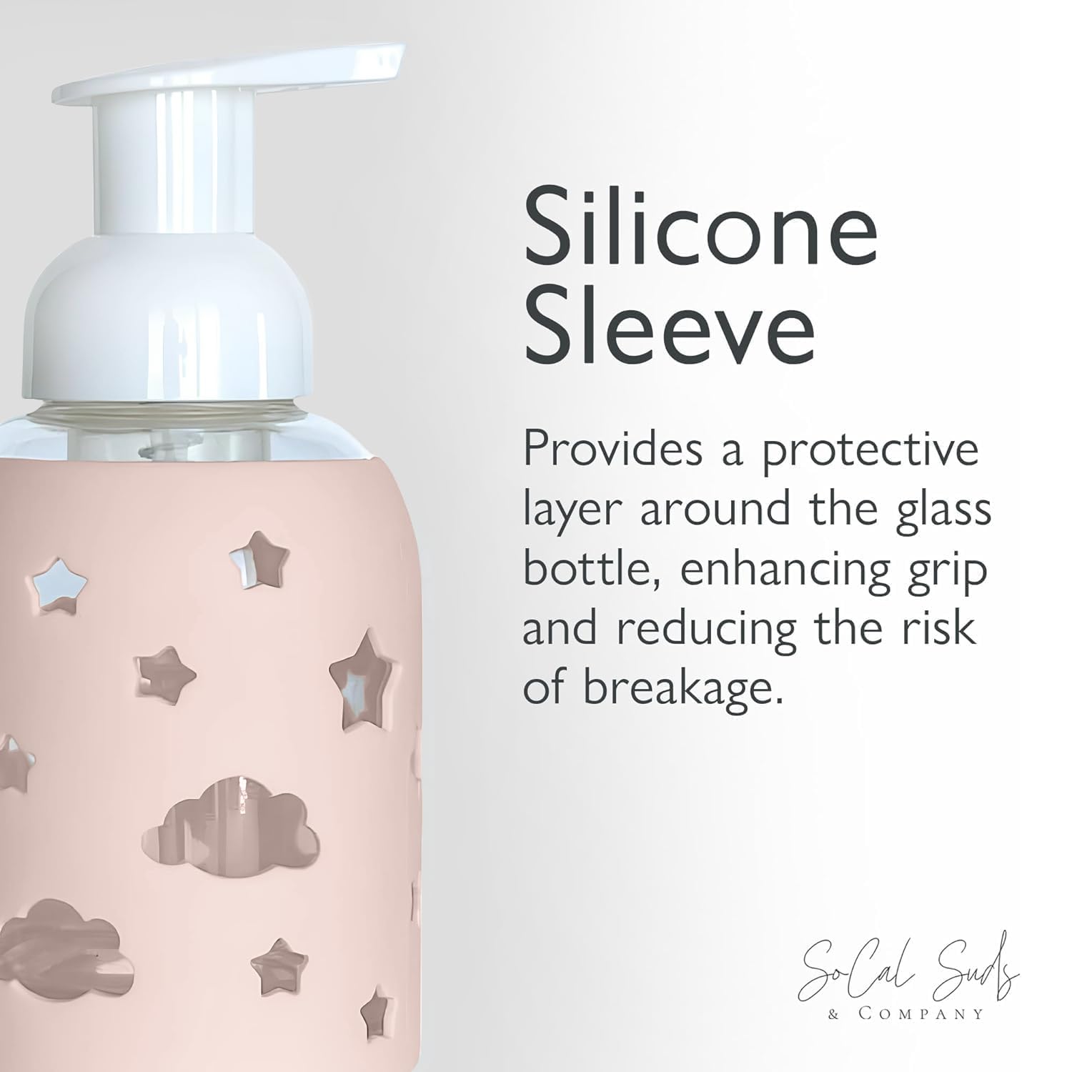 SoCal Suds & Company Glass Bottle Foaming Soap Dispenser - Soft Grip Silicone Sleeve, Refillable Pump Bottle for Kids, Baby Wash & Shampoo, Hand Soap Dispenser, Ideal for Home Use, Light Pink 8oz