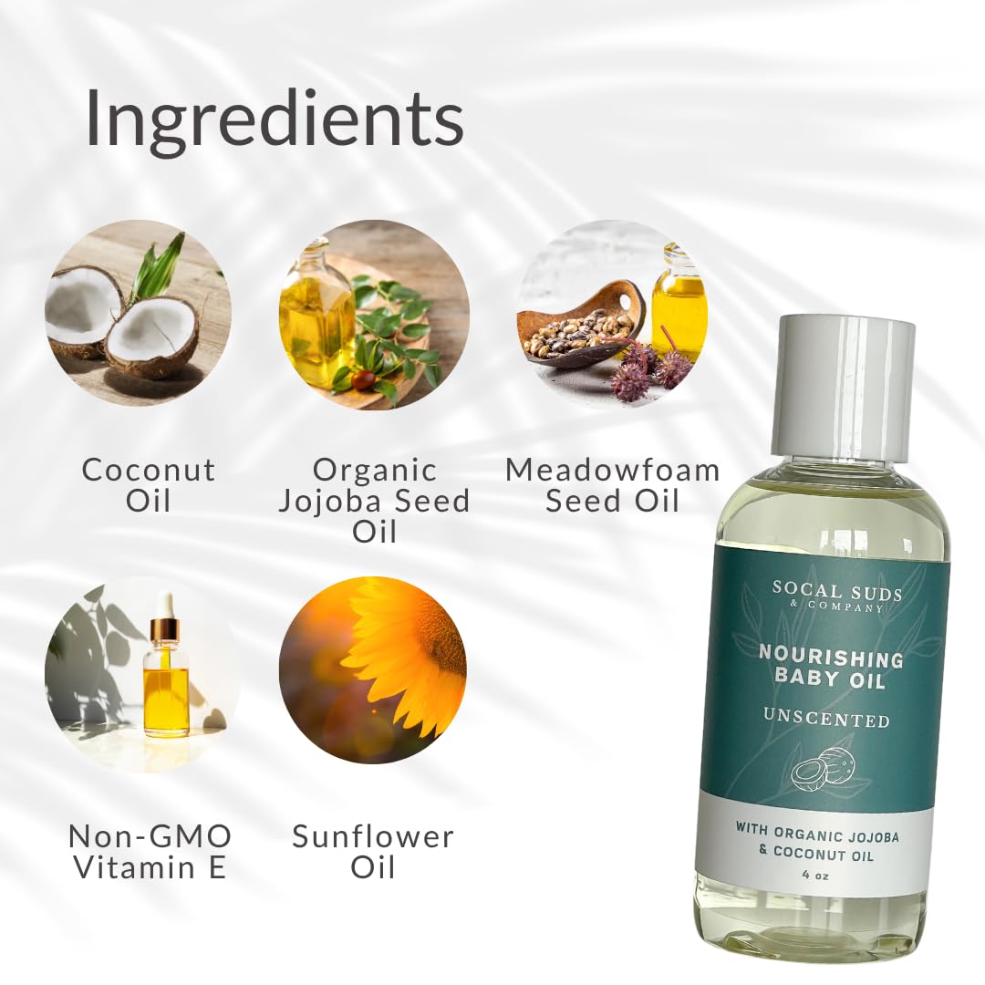 SoCal Suds & Company Natural & Organic Baby Oil - Newborn Essentials, Gentle Moisturizing Nourishing Oil for Delicate Tender Skin, Vitamin-Enriched with Jojoba and Sunflower Oils, Fragrance Free, 4oz 1-Pack