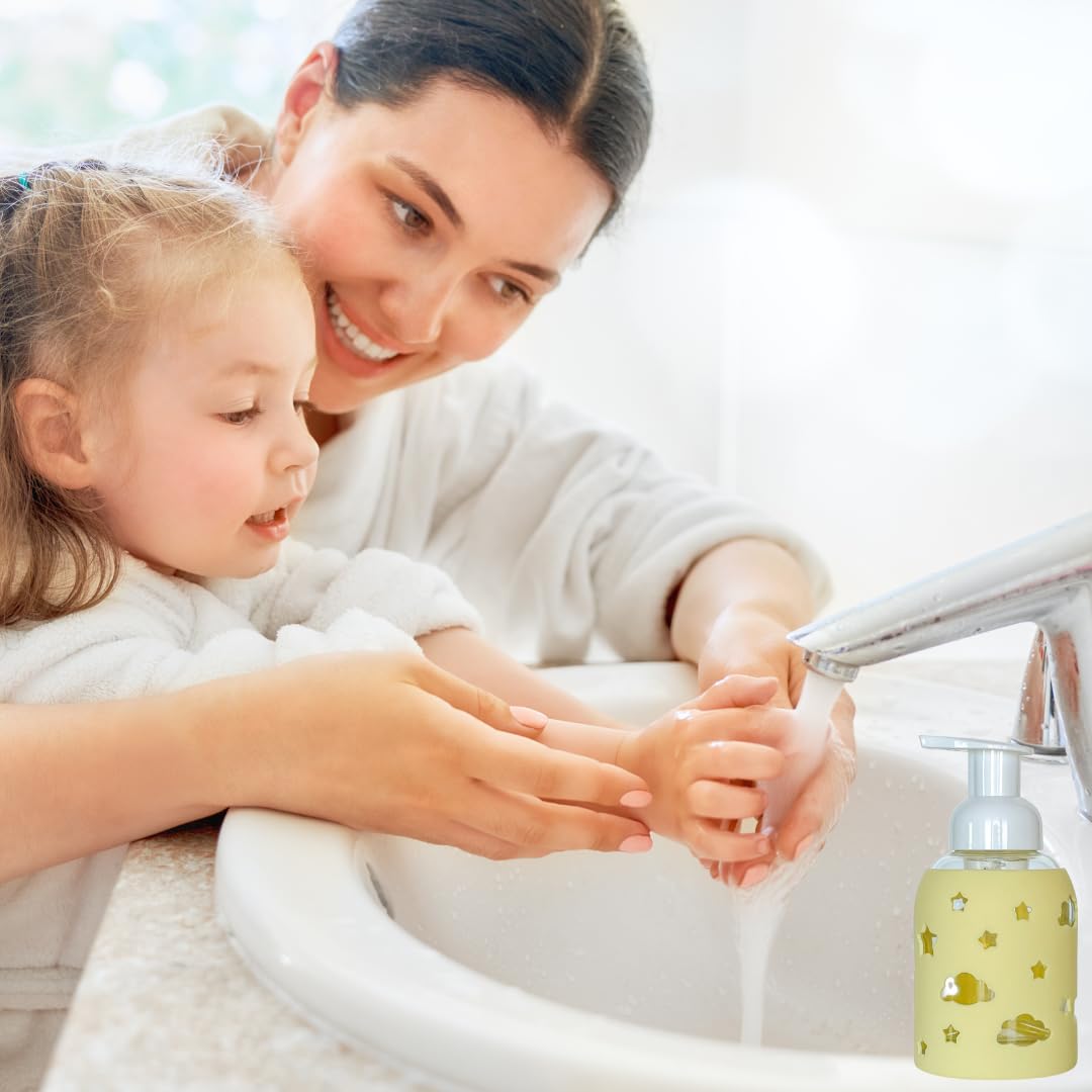 SoCal Suds & Company Glass Bottle Foaming Soap Dispenser - Soft Grip Silicone Sleeve, Refillable Pump Bottle for Kids, Baby Wash & Shampoo, Hand Soap Dispenser, Ideal for Home Use, Light Yellow 8oz