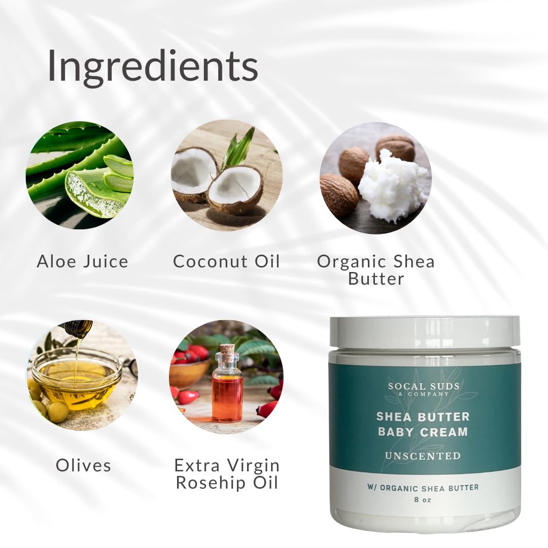 SoCal Suds & Company Natural & Organic Baby Cream - Gentle Moisturizing Cream for Infant Skin, Nourishing with Aloe, Shea Butter & Coconut Oil, Tender Newborn Skincare - Fragrance Free, 8oz