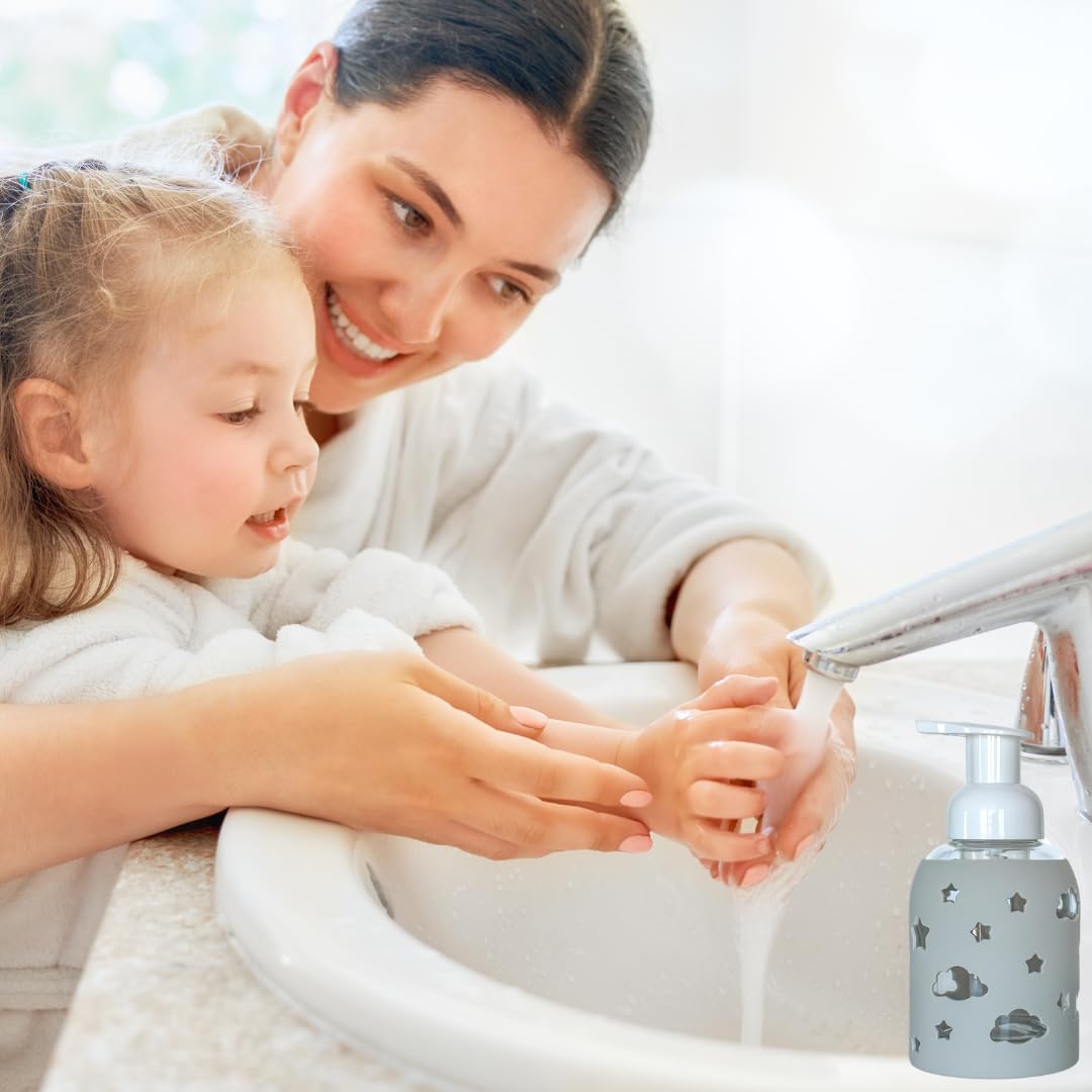 SoCal Suds & Company Glass Bottle Foaming Soap Dispenser - Soft Grip Silicone Sleeve, Refillable Pump Bottle for Kids, Baby Wash & Shampoo, Hand Soap Dispenser, Ideal for Home Use, Light Grey 8oz