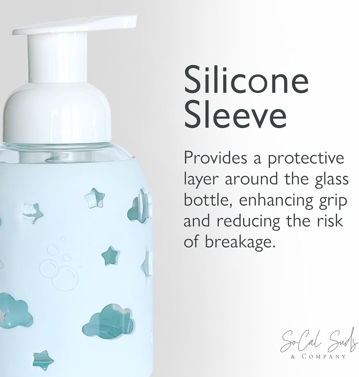 SoCal Suds & Company Glass Bottle Foaming Soap Dispenser - Soft Grip Silicone Sleeve, Refillable Pump Bottle for Kids, Baby Wash & Shampoo, Hand Soap Dispenser, Ideal for Home Use, Light Blue 8oz