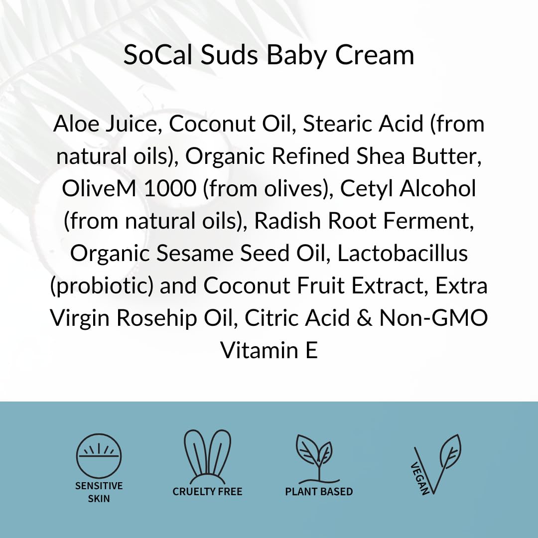SoCal Suds & Company Natural & Organic Baby Cream - Gentle Moisturizing Cream for Infant Skin, Nourishing with Aloe, Shea Butter & Coconut Oil, Tender Newborn Skincare - Fragrance Free, 8oz
