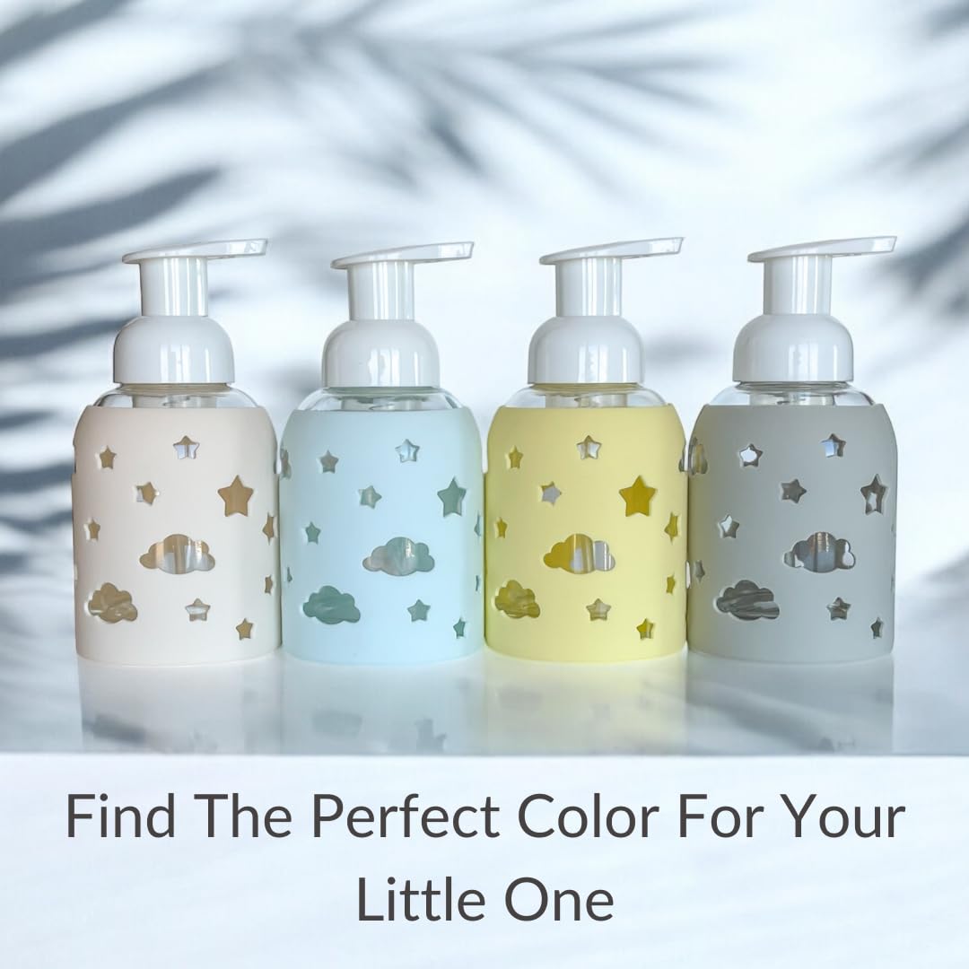 SoCal Suds & Company Glass Bottle Foaming Soap Dispenser - Soft Grip Silicone Sleeve, Refillable Pump Bottle for Kids, Baby Wash & Shampoo, Hand Soap Dispenser, Ideal for Home Use, Light Yellow 8oz