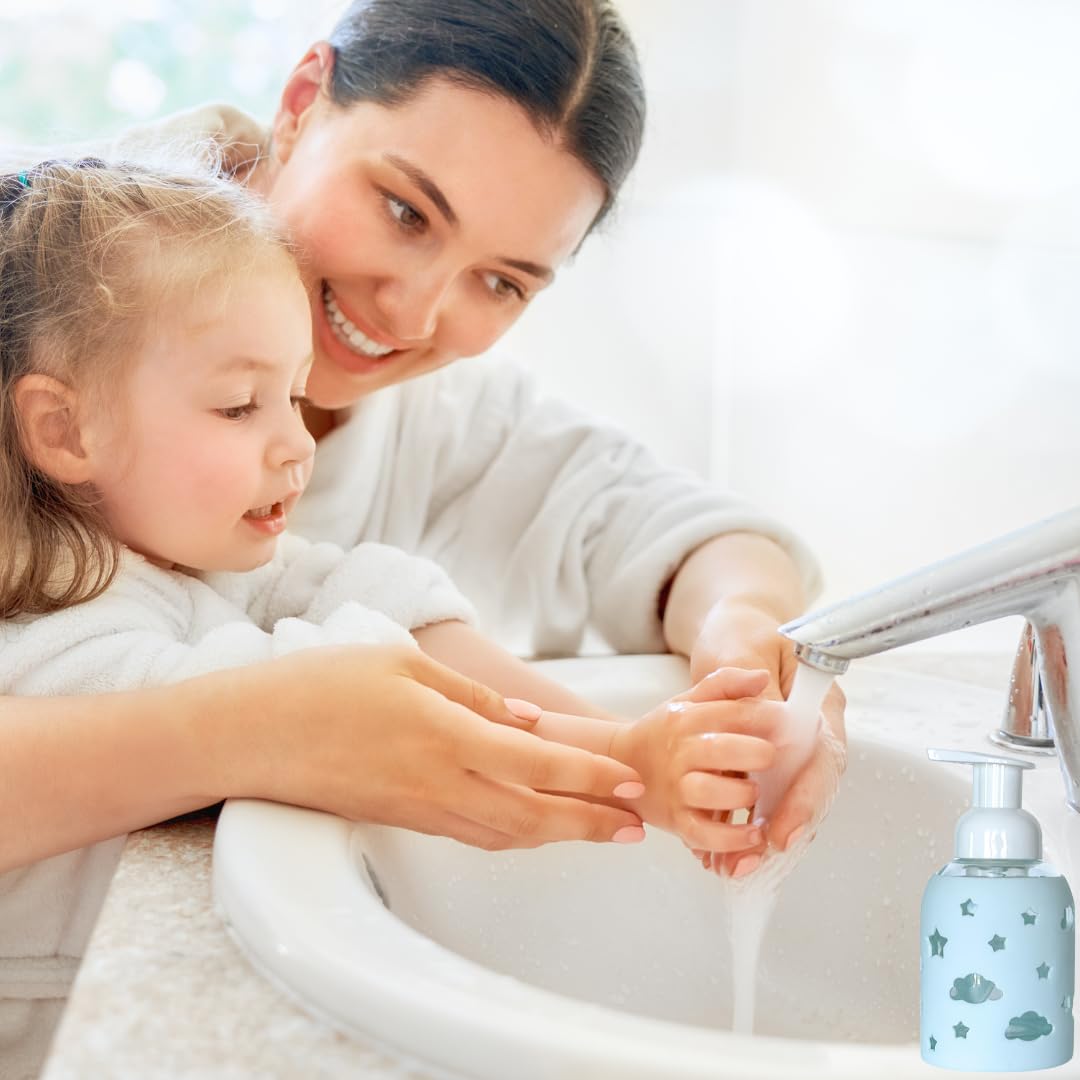 SoCal Suds & Company Glass Bottle Foaming Soap Dispenser - Soft Grip Silicone Sleeve, Refillable Pump Bottle for Kids, Baby Wash & Shampoo, Hand Soap Dispenser, Ideal for Home Use, Light Blue 8oz