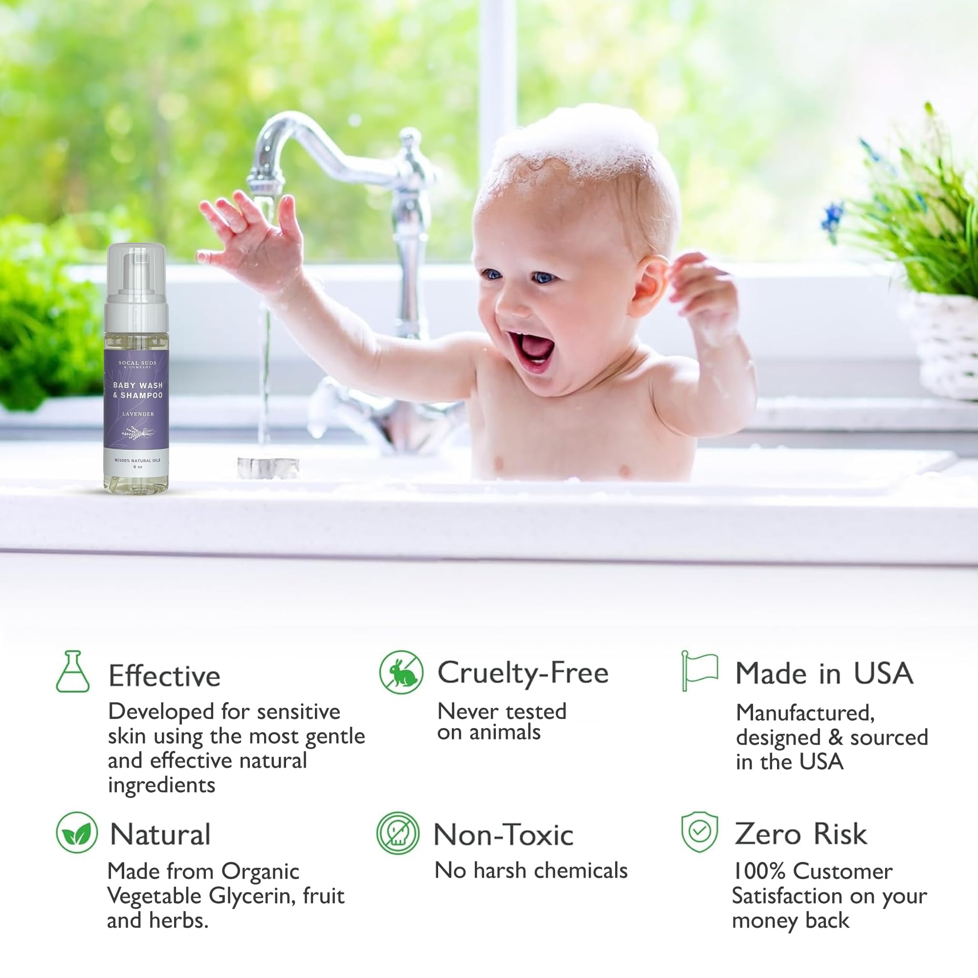 SoCal Suds & Company Organic Foaming Baby Wash & Shampoo - Gentle Cleansing Newborn Body & Hair Soap for Sensitive Skin - Clean Natural Soothing Ingredients - Lavender, 6oz, 2-Pack
