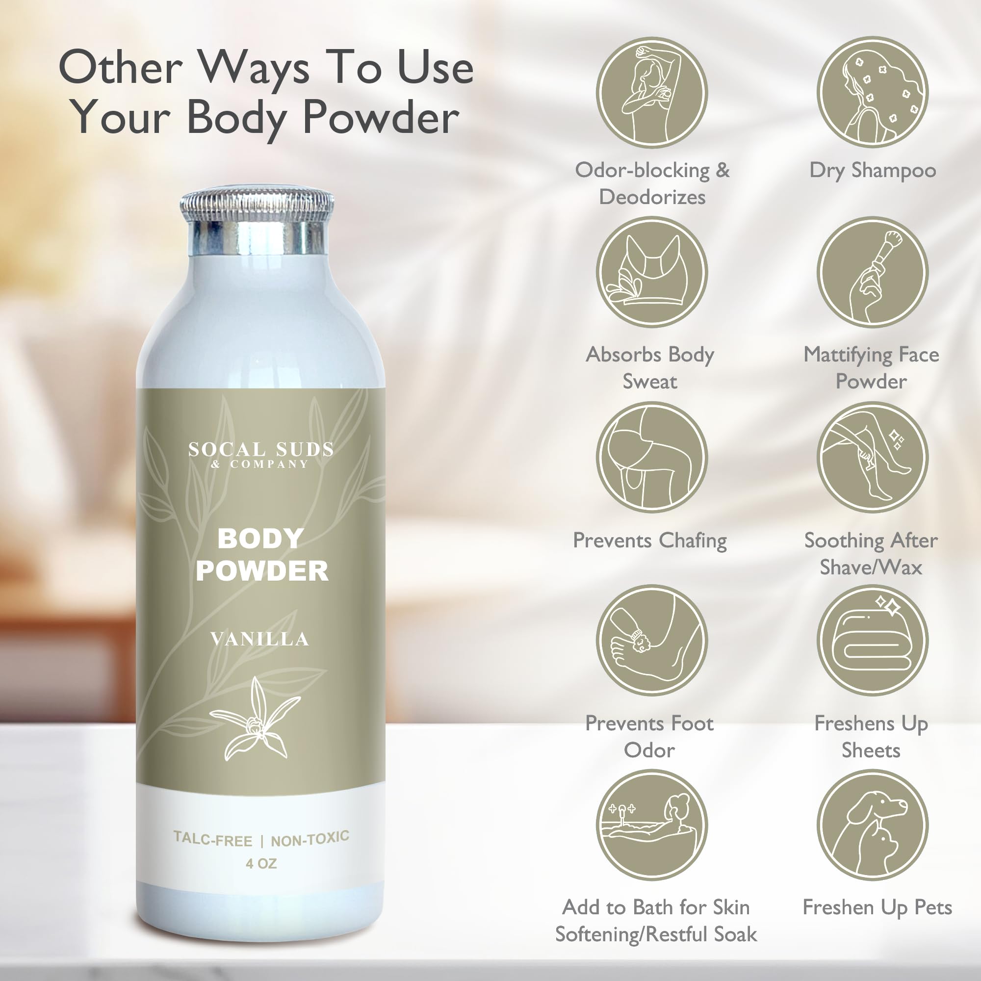 SoCal Suds & Company Natural Body Powder Talc-Free - with Arrowroot Powder, Kaolin, Aspen Bark Extract for Soft Soothing Delicate Skin - Vanilla 4oz, 1-Pack