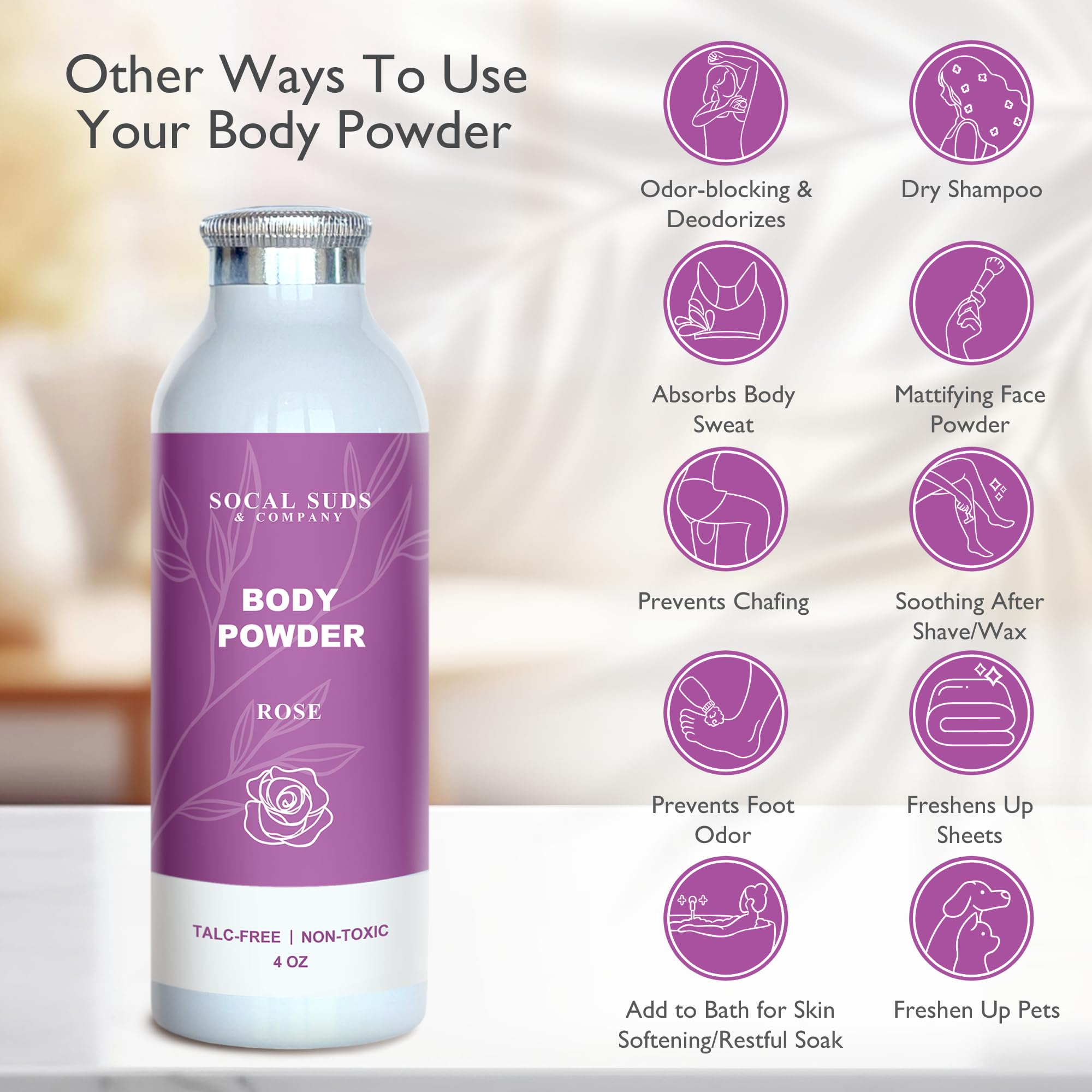 SoCal Suds & Company Natural Body Powder Talc-Free - with Arrowroot Powder, Kaolin, Aspen Bark Extract for Soft Soothing Delicate Skin - Rose 4oz, 1-Pack