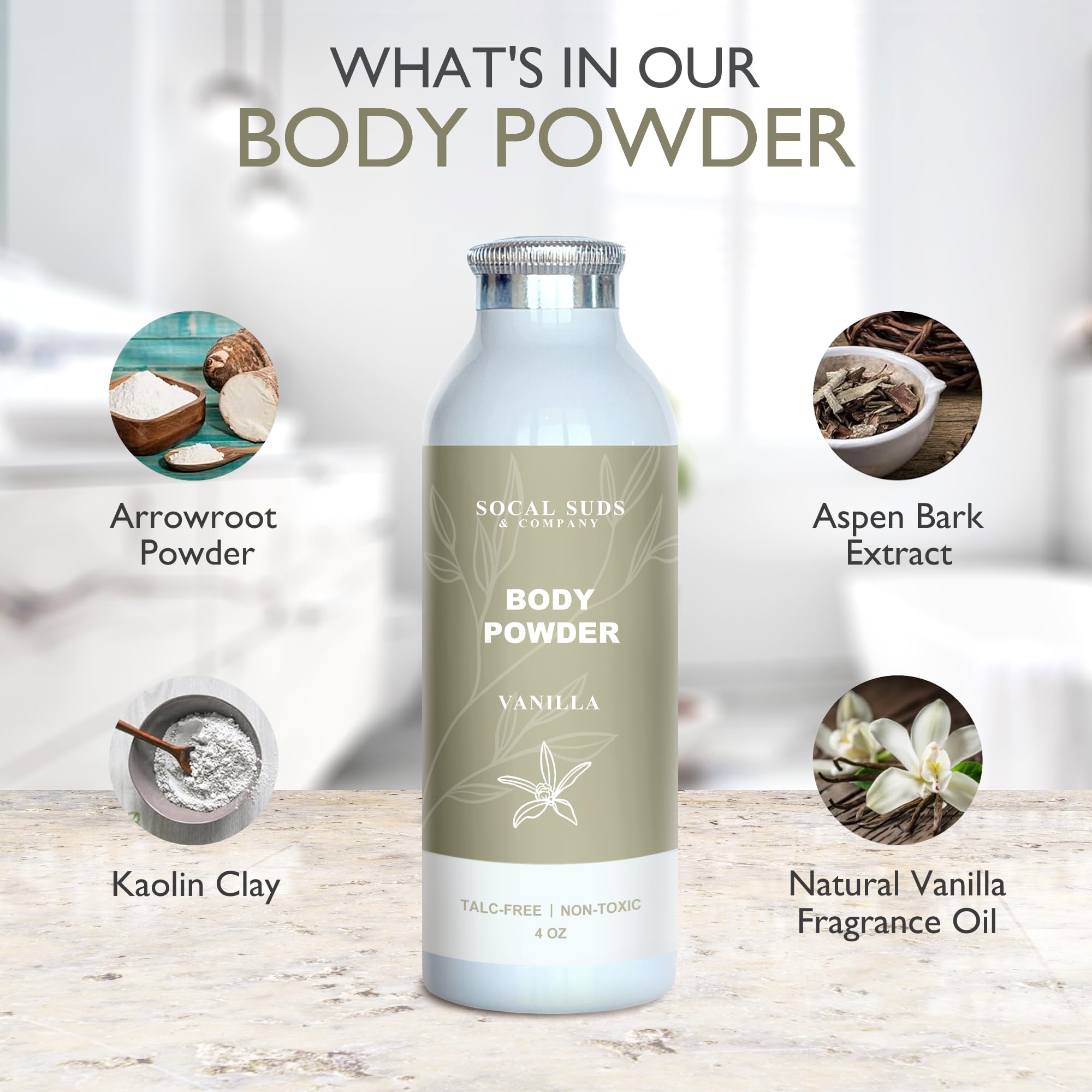 SoCal Suds & Company Natural Body Powder Talc-Free - with Arrowroot Powder, Kaolin, Aspen Bark Extract for Soft Soothing Delicate Skin - Vanilla 4oz, 1-Pack