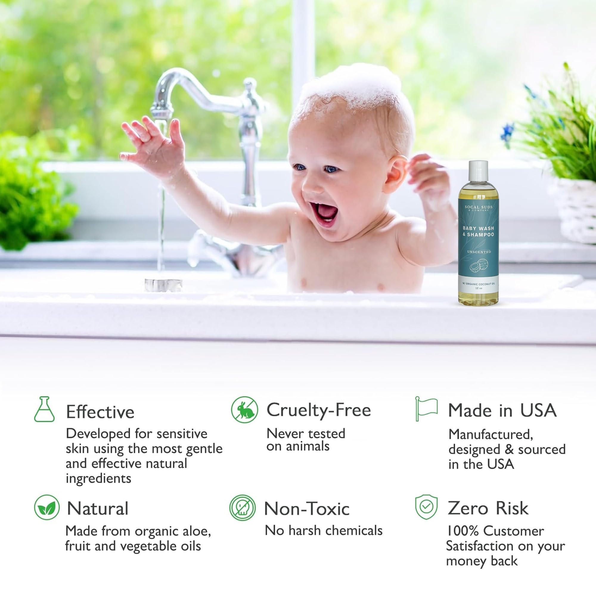 SoCal Suds & Company Baby Shampoo & Body Wash 2 in 1 Organic Gel - Gentle Castile Soap with Vitamin Infused Oils & Botanicals for Sensitive Skin & Body Hypoallergenic, 12oz Fragrance Free