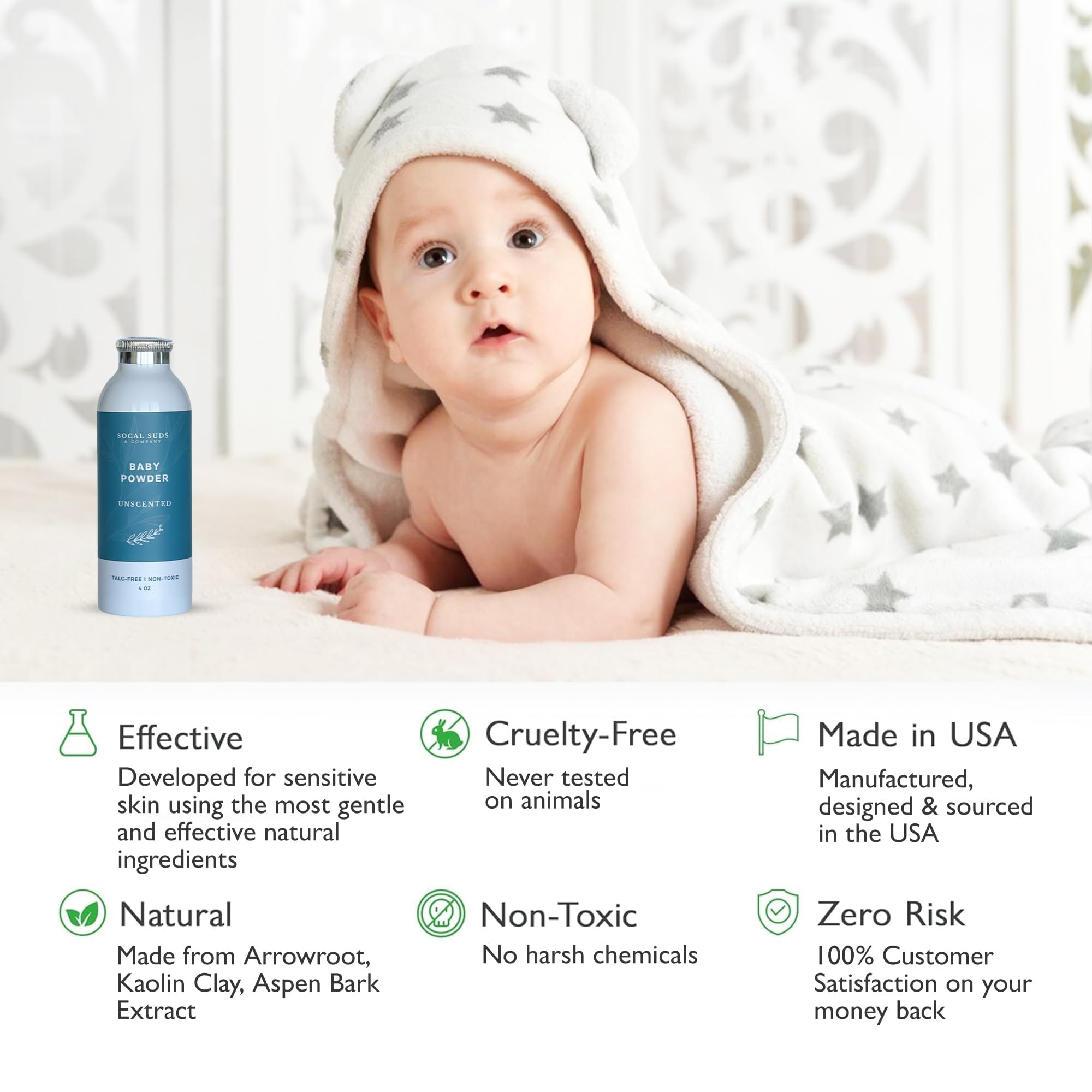 SoCal Suds & Company Natural Baby Powder Talc-Free Formula - with Arrowroot, Kaolin, Aspen Bark Extract for Soft Soothing Sensitive Skin - Gentle Absorption - Fragrance Free, 4oz, 2-Pack