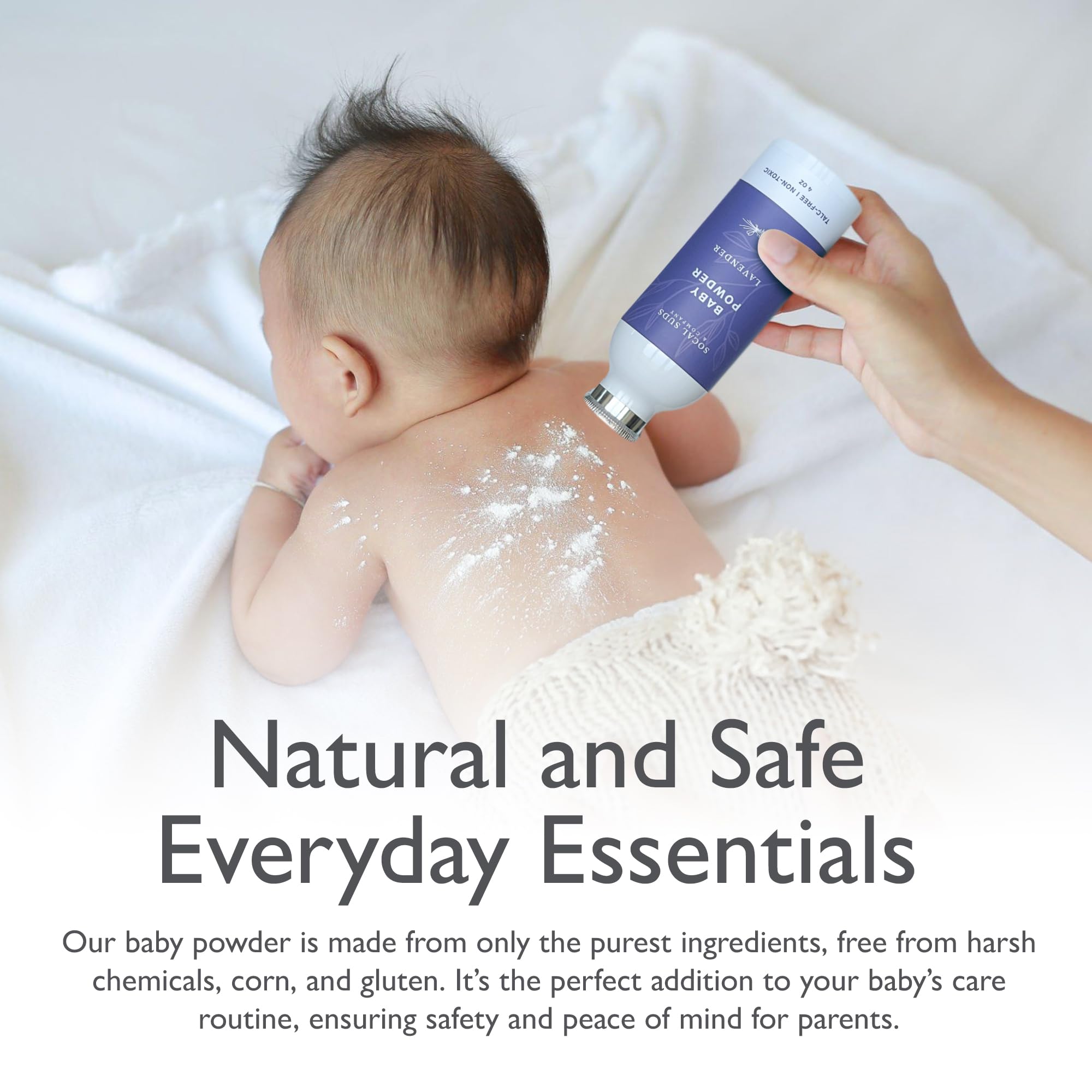 SoCal Suds & Company Natural Baby Powder Talc-Free Newborn Essentials - with Arrowroot Powder, Kaolin, Aspen Bark Extract for Soft Soothing Protected Skin - Gentle Absorption - Lavender, 4oz