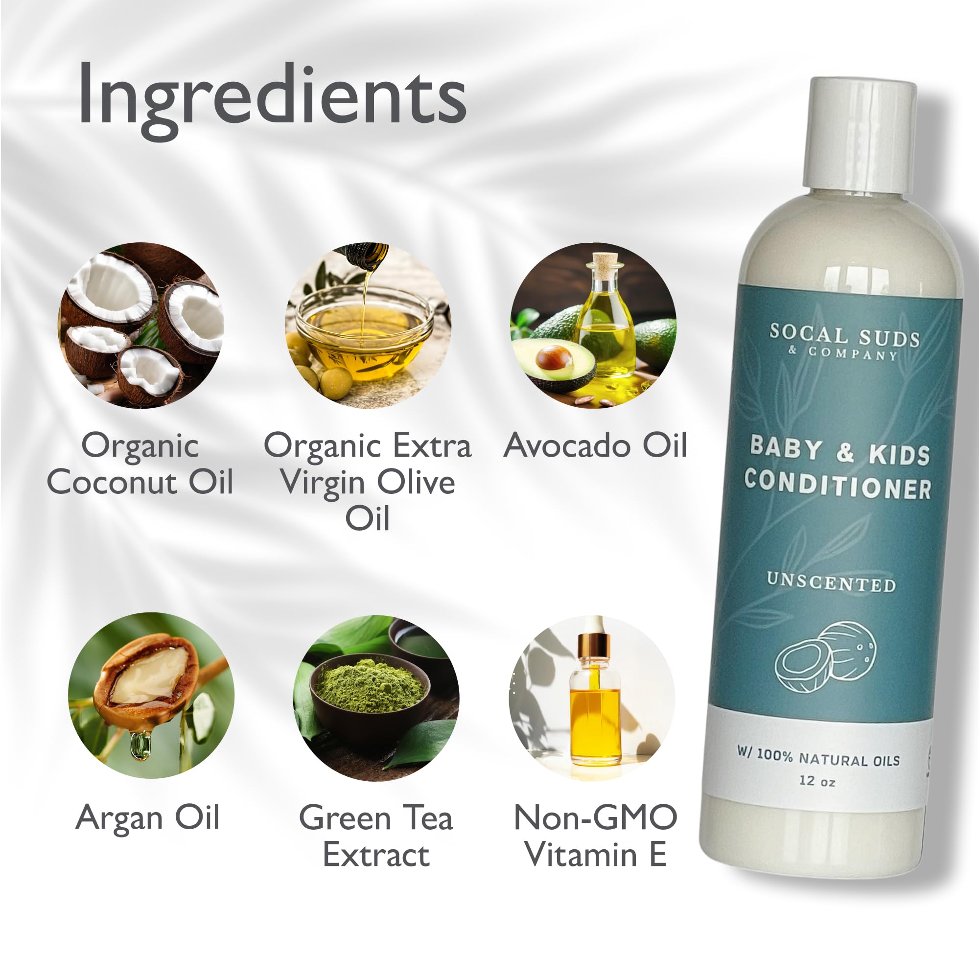 SoCal Suds & Company Organic Baby & Kids Conditioner - Moisture Baby Hair Conditioner - Gentle Natural Vitamin Rich Ingredient Organic Oils for Babies and Kids Sensitive Scalp - Fragrance Free, 12oz