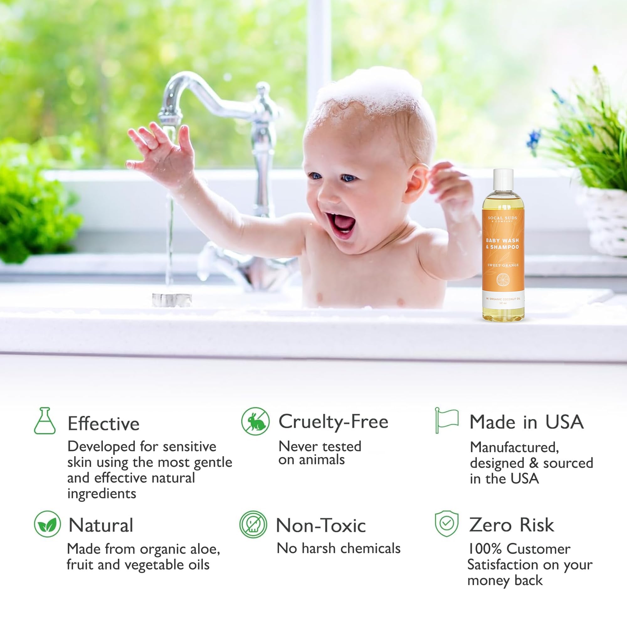 SoCal Suds & Company Baby Shampoo & Body Wash 2-in-1 Organic Gel - Gentle Castile Soap with Vitamin-Infused Oils & Botanicals - Natural Care for Sensitive Skin Hypoallergenic - 12oz Sweet Orange 2-Pack