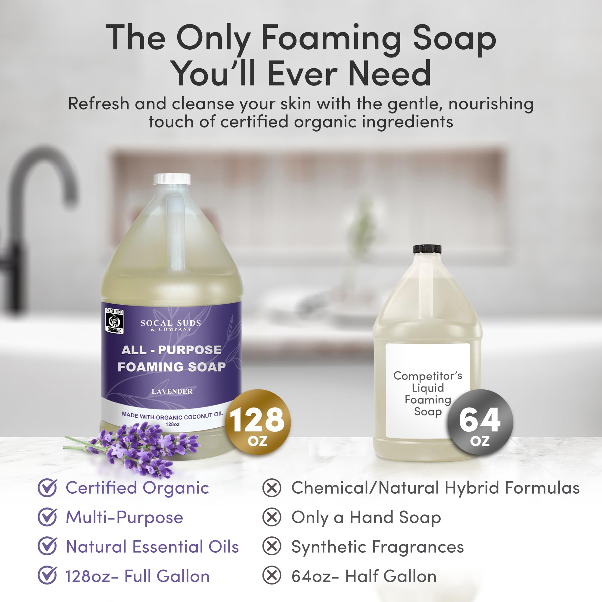 SoCal Suds & Company 128oz Certified Organic Foaming Hand & Body Wash - Gentle Natural Body,Baby & Face Wash for Sensitive Skin, Moisturizing Soap, Hand Soap and More - Lavender