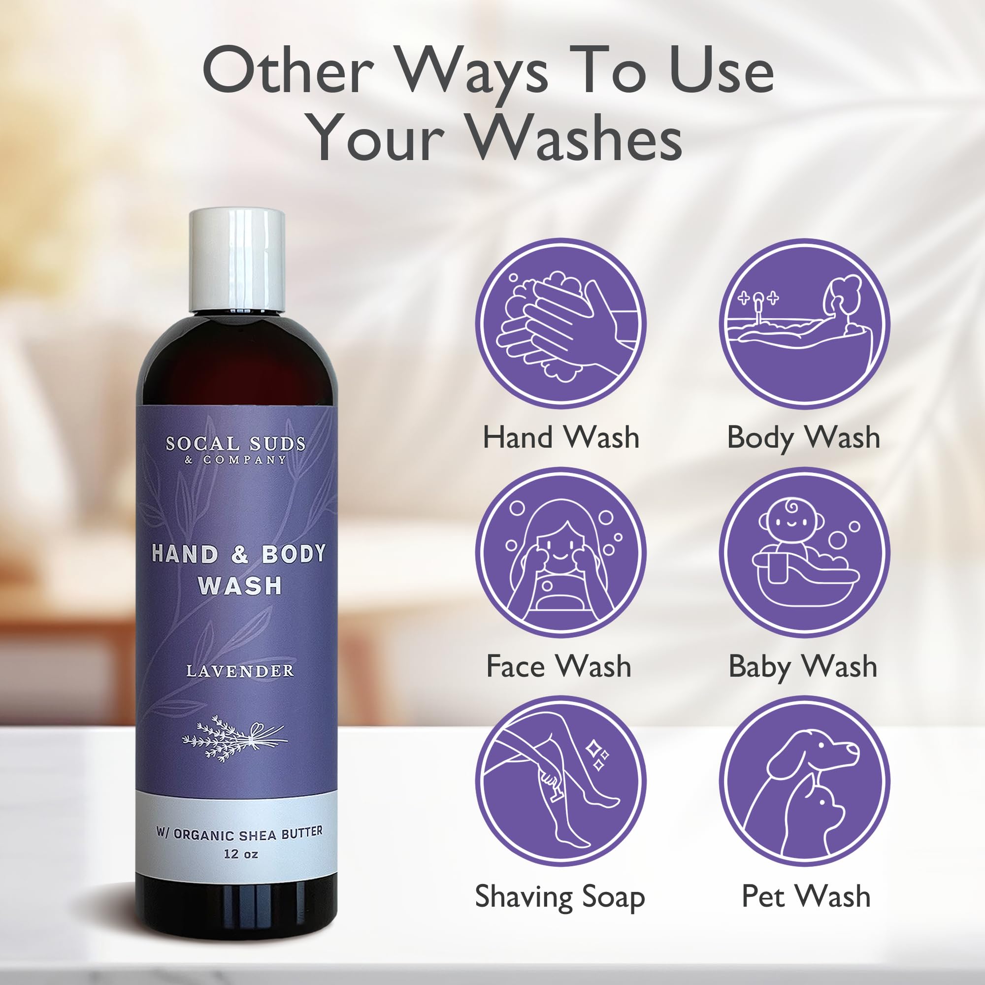 SoCal Suds & Company Organic Shea Butter Body Wash – Lavender Liquid Soap for Hand & Body, Moisturizing Shower Gel - Daily Body Wash for Women, Men & Unisex, Gentle Skin Care & Protection - (12oz)