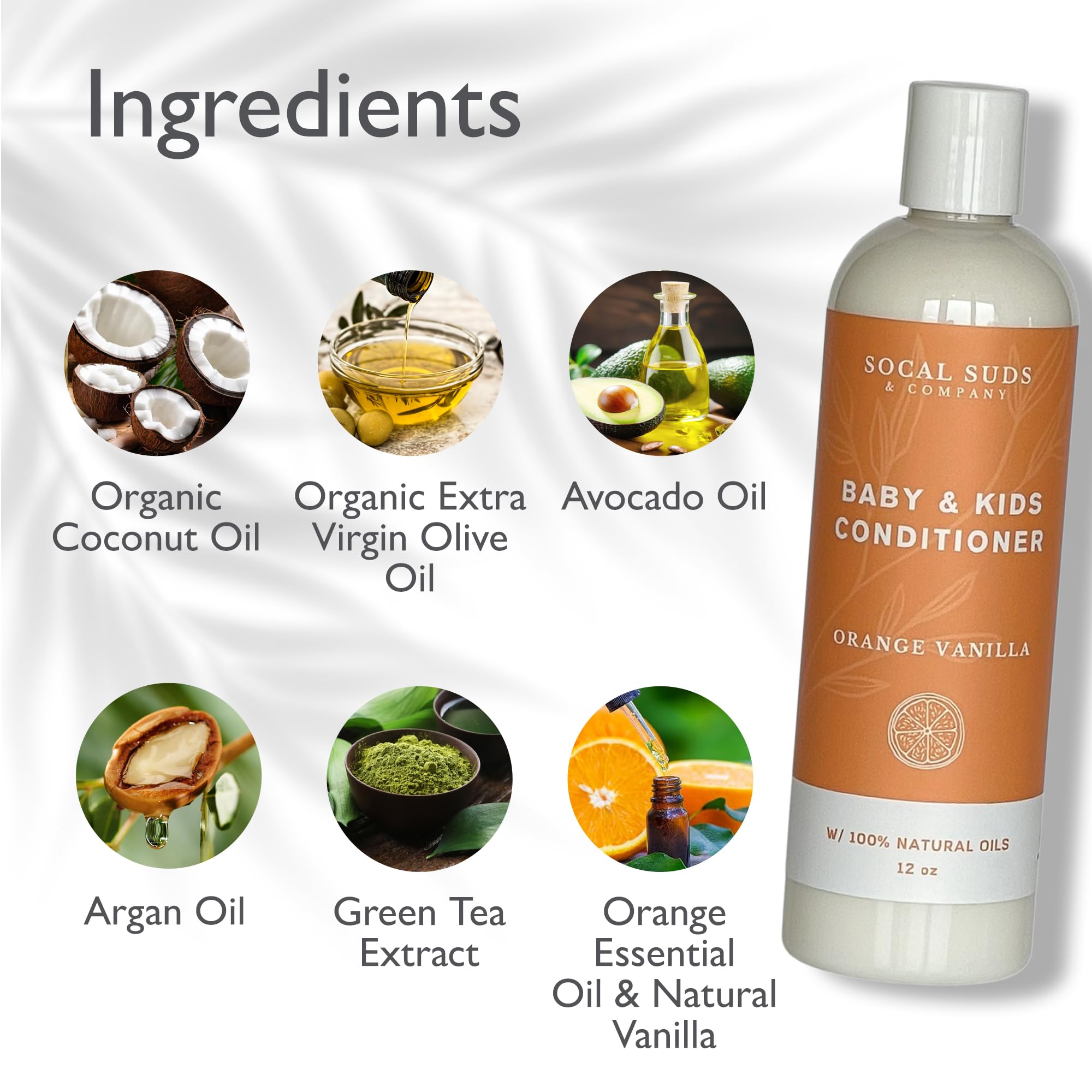SoCal Suds & Company Organic Baby & Kids Conditioner - Moisture Baby Hair Conditioner - Gentle Natural Vitamin Rich Ingredient Organic Oils for Babies and Kids Sensitive Scalp - Orange Vanilla 12oz