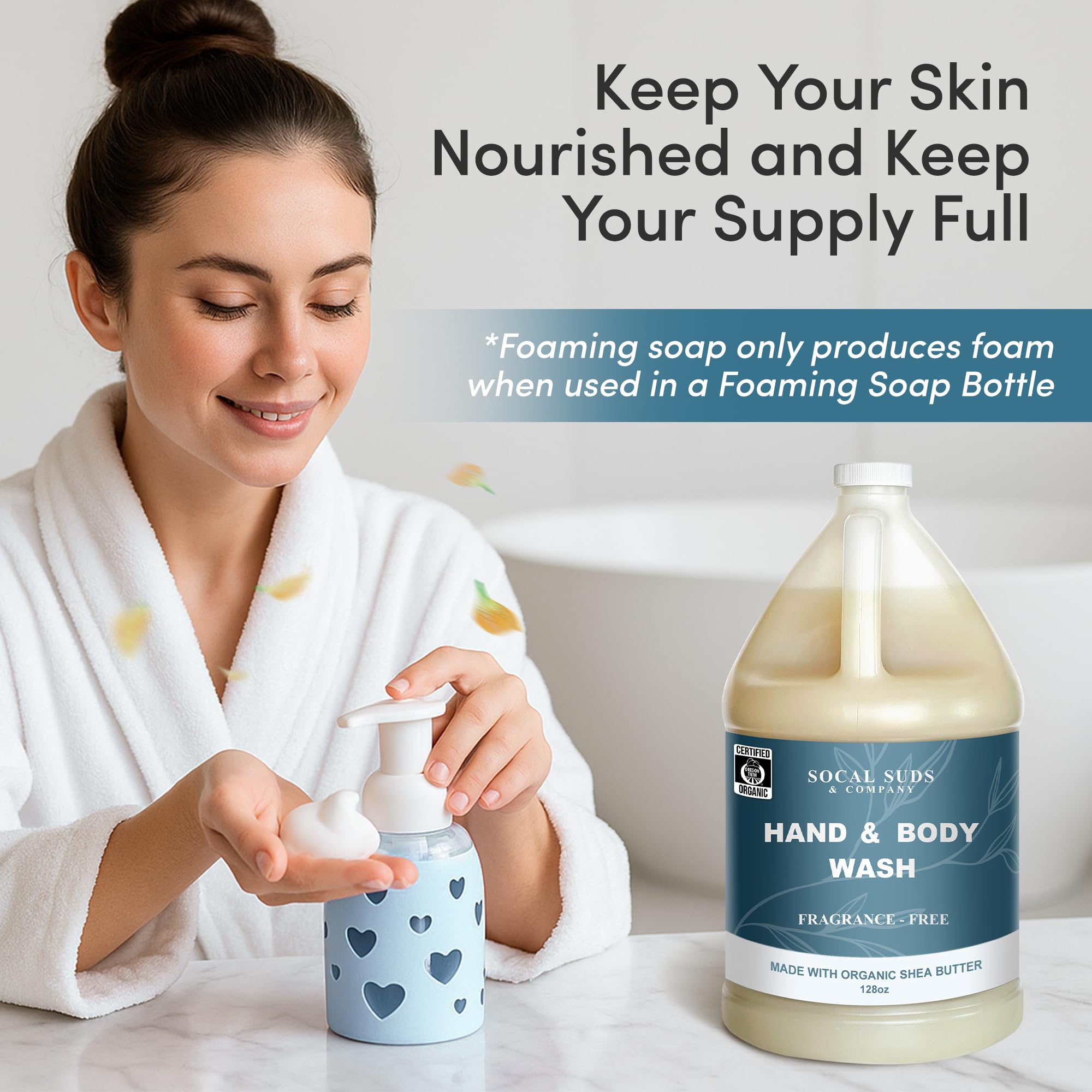 SoCal Suds & Company 128oz Certified Organic Hand & Body Wash w/ Shea Butter - Gentle Natural Body,Baby & Face Wash for Sensitive Skin, Moisturizing Thick Castile, Hand Soap and More - Fragrance Free