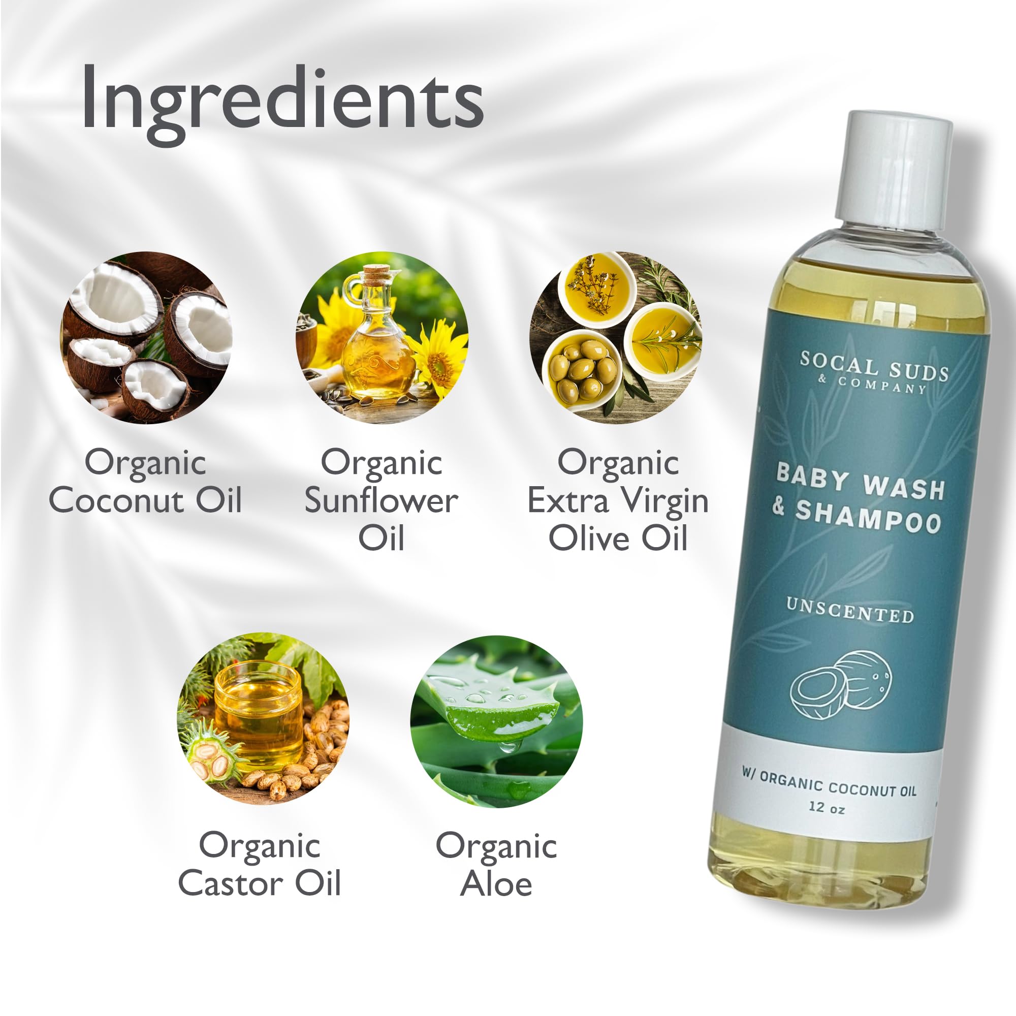 SoCal Suds & Company Baby Shampoo & Body Wash 2 in 1 Organic Gel - Gentle Castile Soap with Vitamin Infused Oils & Botanicals for Sensitive Skin & Body Hypoallergenic, 12oz Fragrance Free