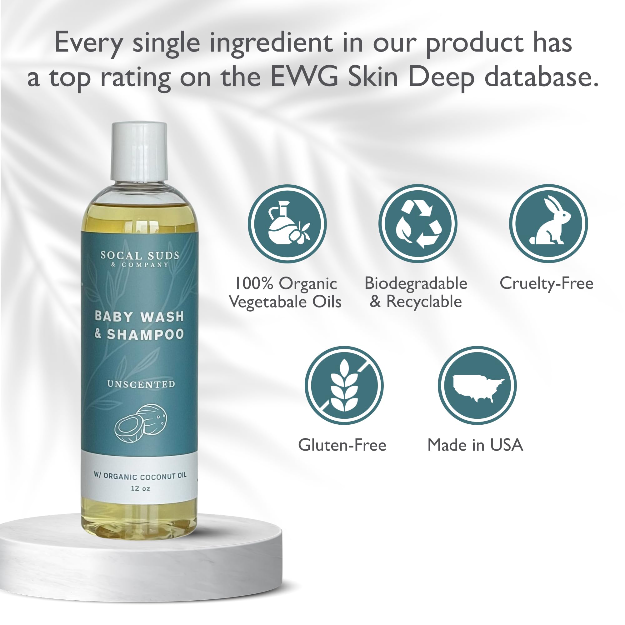 SoCal Suds & Company Baby Shampoo & Body Wash 2 in 1 Organic Gel - Gentle Castile Soap with Vitamin Infused Oils & Botanicals for Sensitive Skin & Body Hypoallergenic, 12oz Fragrance Free