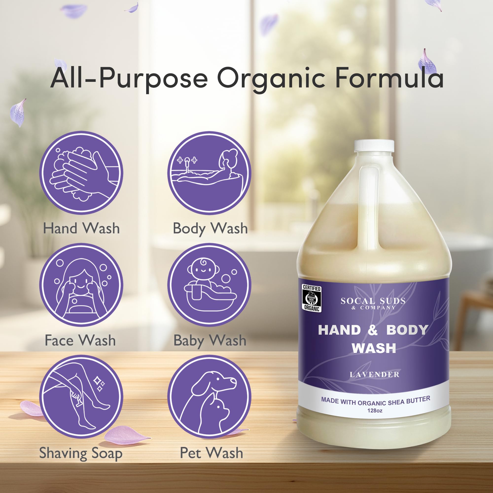 SoCal Suds & Company 128oz Certified Organic Hand & Body Wash w/ Shea Butter - Gentle Natural Body, Baby & Face Wash for Sensitive Skin - Moisturizing Thick Castile Soap, Hand Soap and More - Lavender