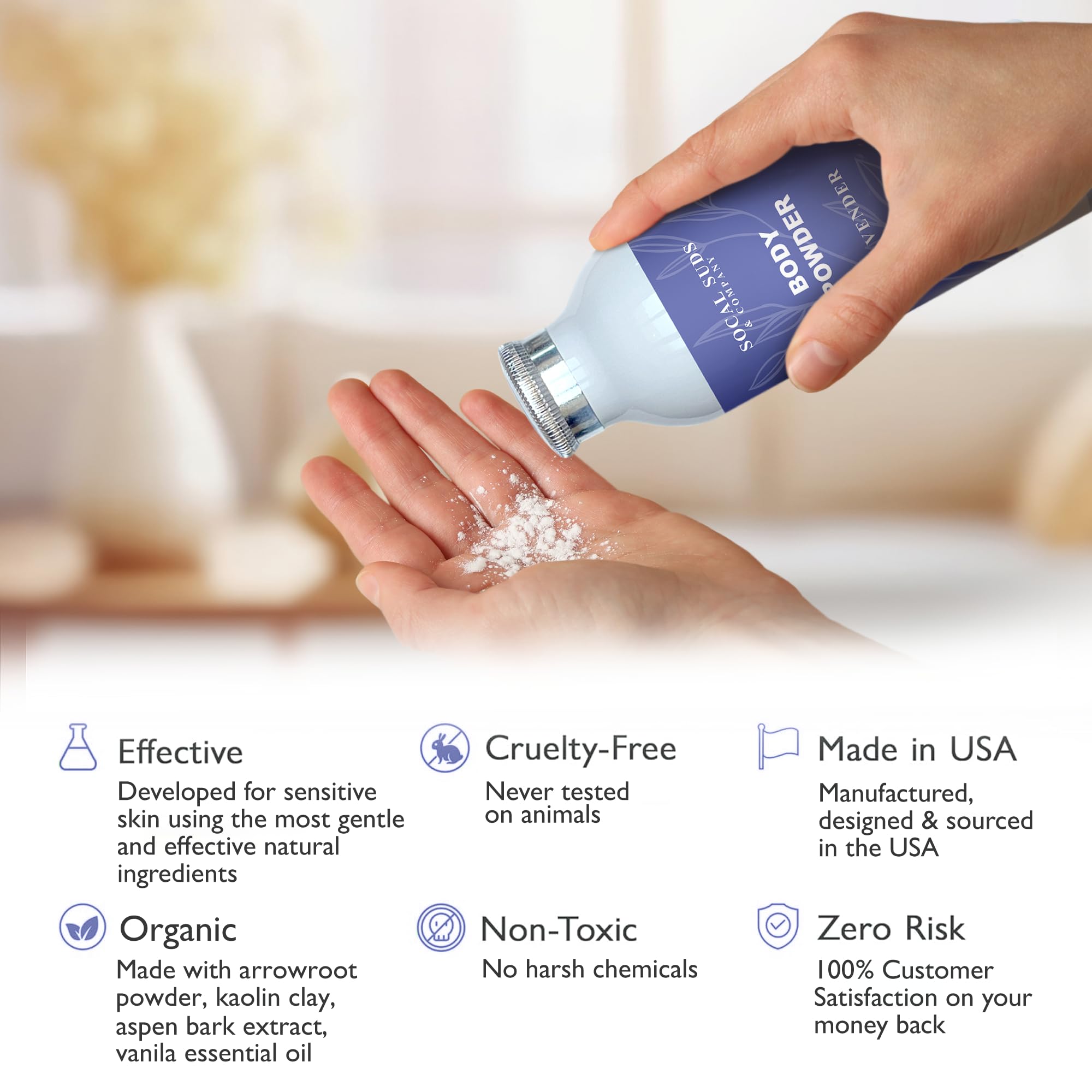 SoCal Suds & Company Natural Body Powder Talc-Free - with Arrowroot Powder, Kaolin, Aspen Bark Extract for Soft Soothing Delicate Skin - Lavender 4oz, 1-Pack