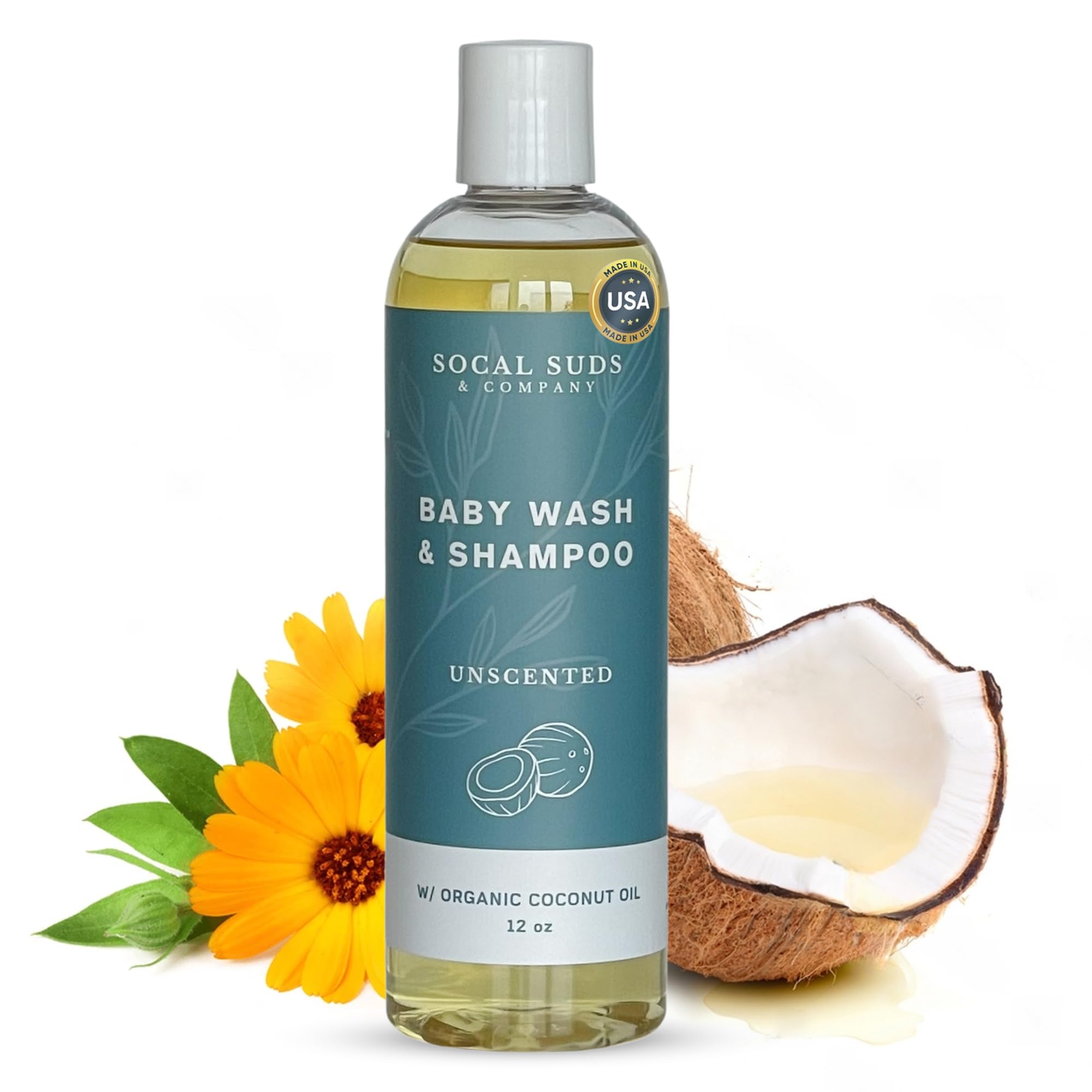 SoCal Suds & Company Baby Shampoo & Body Wash 2 in 1 Organic Gel - Gentle Castile Soap with Vitamin Infused Oils & Botanicals for Sensitive Skin & Body Hypoallergenic, 12oz Fragrance Free