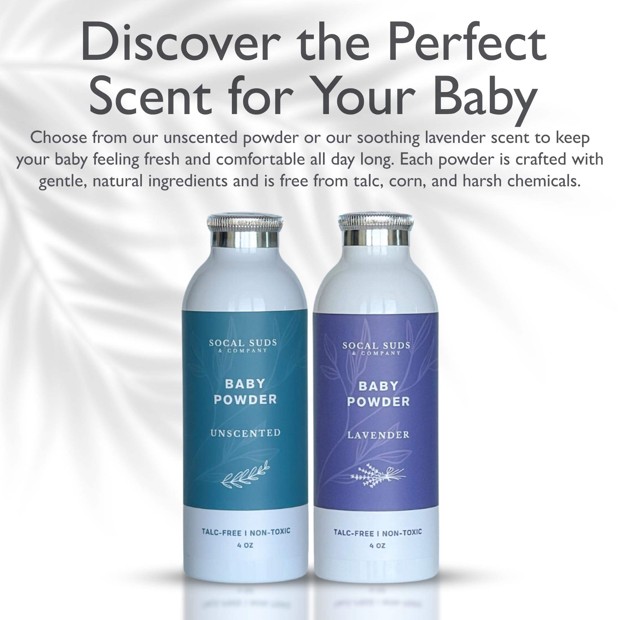 SoCal Suds & Company Natural Baby Powder Talc-Free Formula - with Arrowroot, Kaolin, Aspen Bark Extract for Soft Soothing Sensitive Skin - Gentle Absorption - Fragrance Free, 4oz, 2-Pack