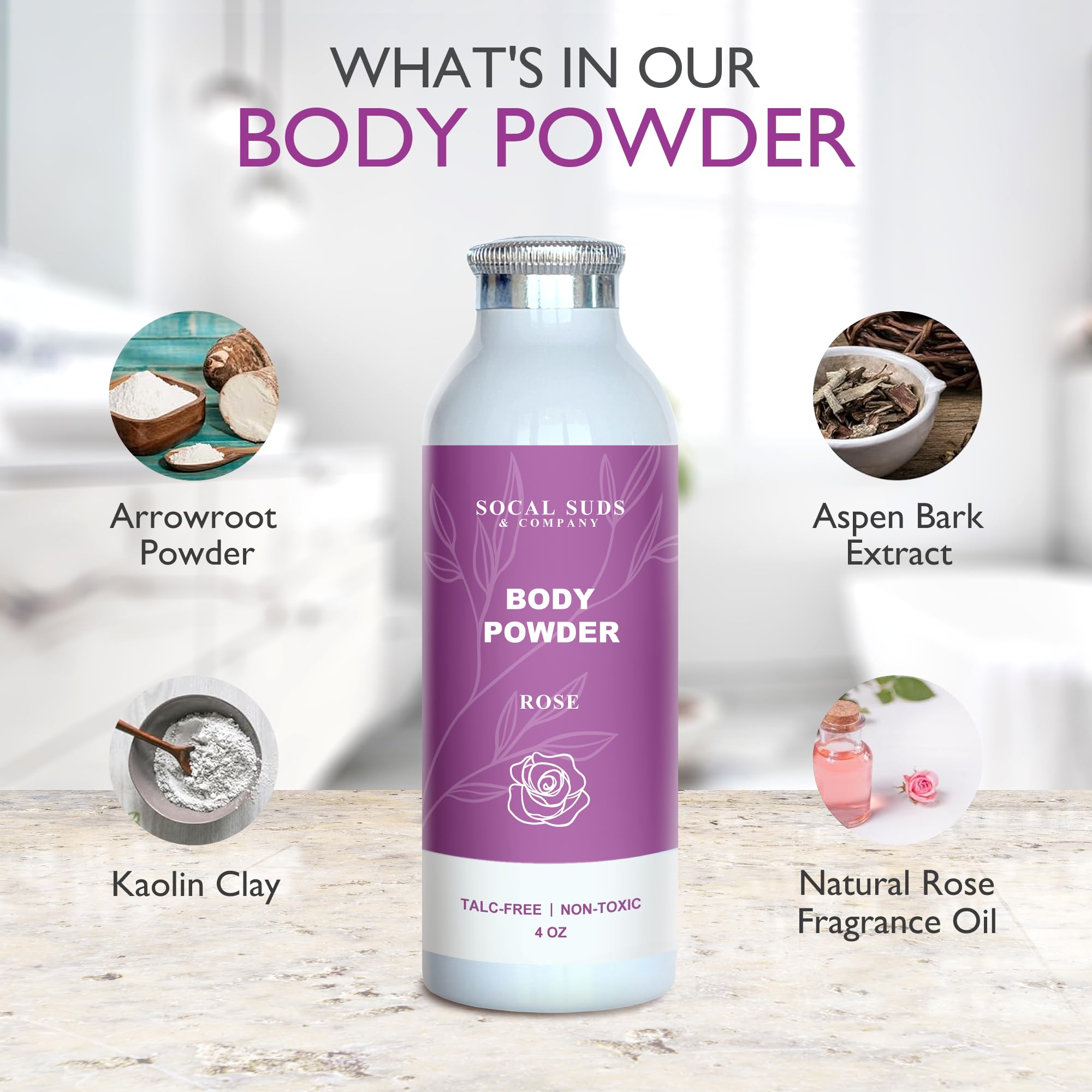 SoCal Suds & Company Natural Body Powder Talc-Free - with Arrowroot Powder, Kaolin, Aspen Bark Extract for Soft Soothing Delicate Skin - Rose 4oz, 1-Pack