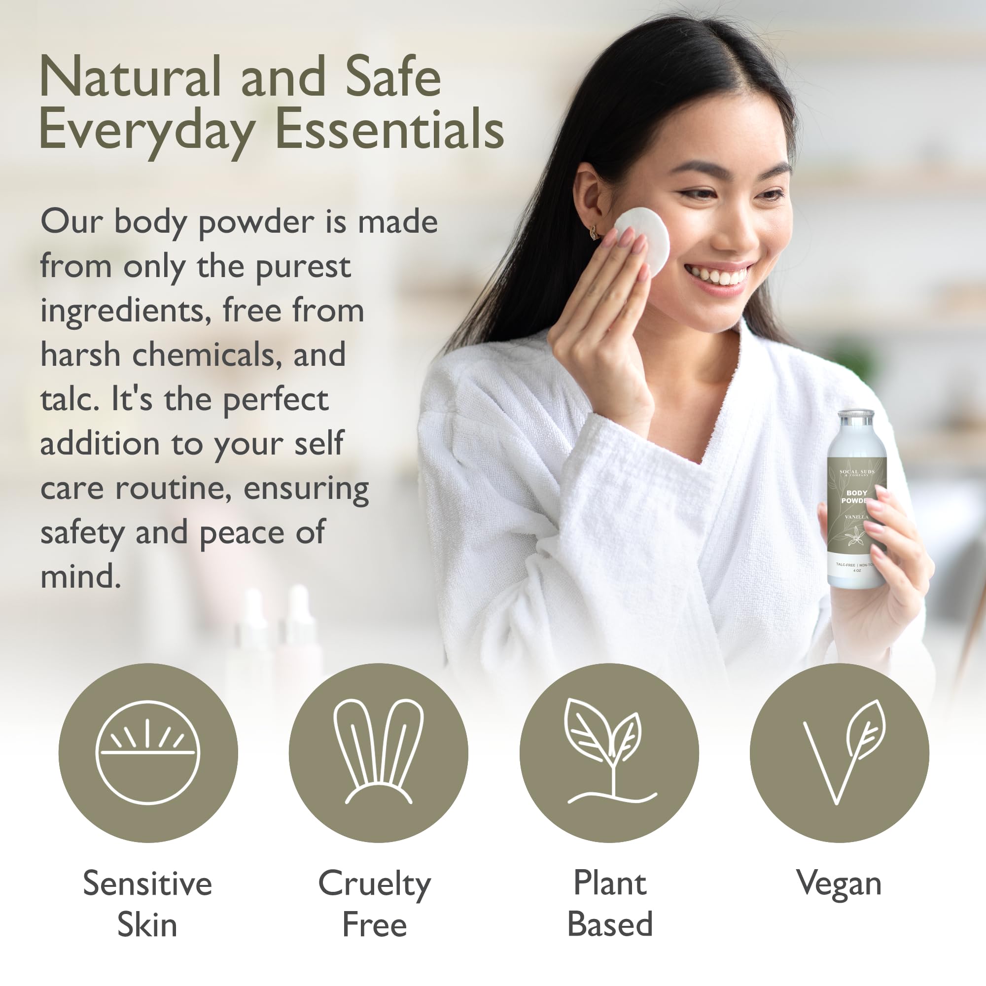 SoCal Suds & Company Natural Body Powder Talc-Free - with Arrowroot Powder, Kaolin, Aspen Bark Extract for Soft Soothing Delicate Skin - Vanilla 4oz, 1-Pack
