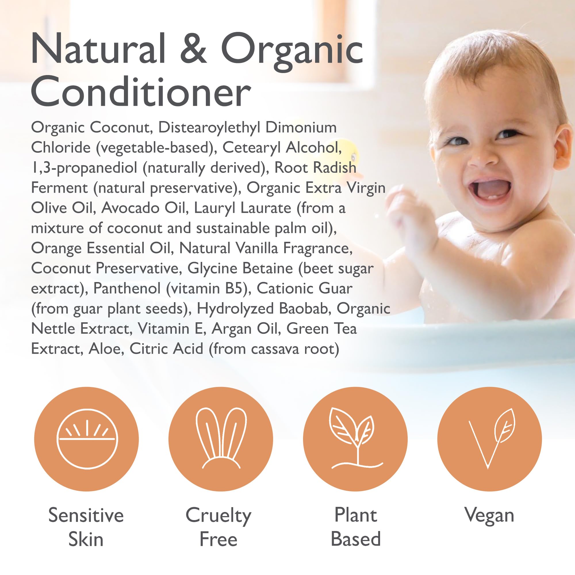 SoCal Suds & Company Organic Baby & Kids Conditioner - Moisture Baby Hair Conditioner - Gentle Natural Vitamin Rich Ingredient Organic Oils for Babies and Kids Sensitive Scalp - Orange Vanilla 12oz