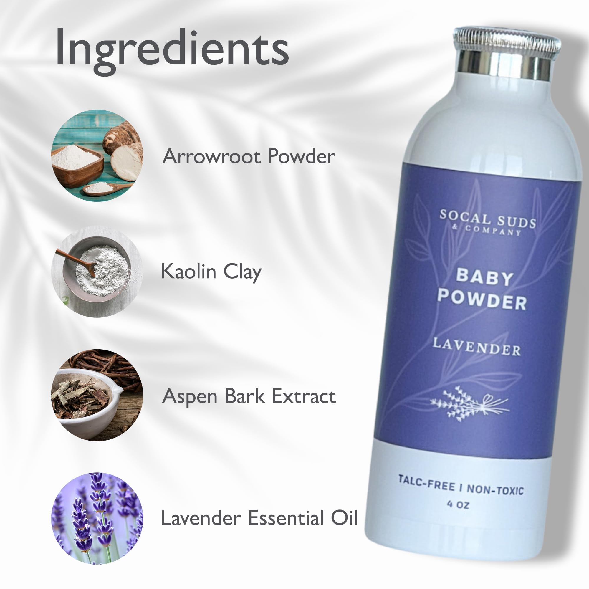 SoCal Suds & Company Natural Baby Powder Talc-Free - with Arrowroot Powder, Kaolin, Aspen Bark Extract for Soft Soothing Protected Skin - Gentle Absorption - Lavender, 4oz, 2-Pack