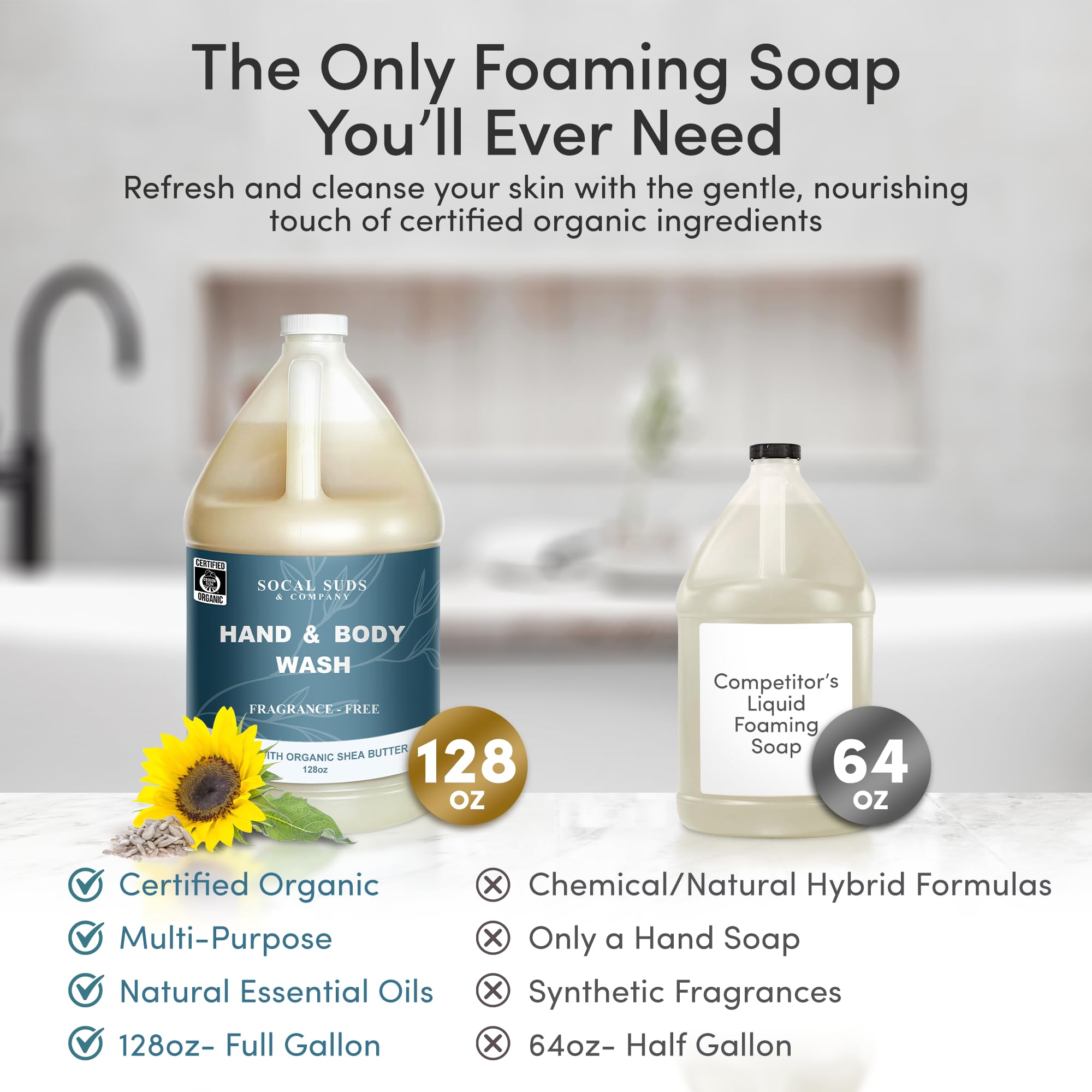 SoCal Suds & Company 128oz Certified Organic Hand & Body Wash w/ Shea Butter - Gentle Natural Body,Baby & Face Wash for Sensitive Skin, Moisturizing Thick Castile, Hand Soap and More - Fragrance Free