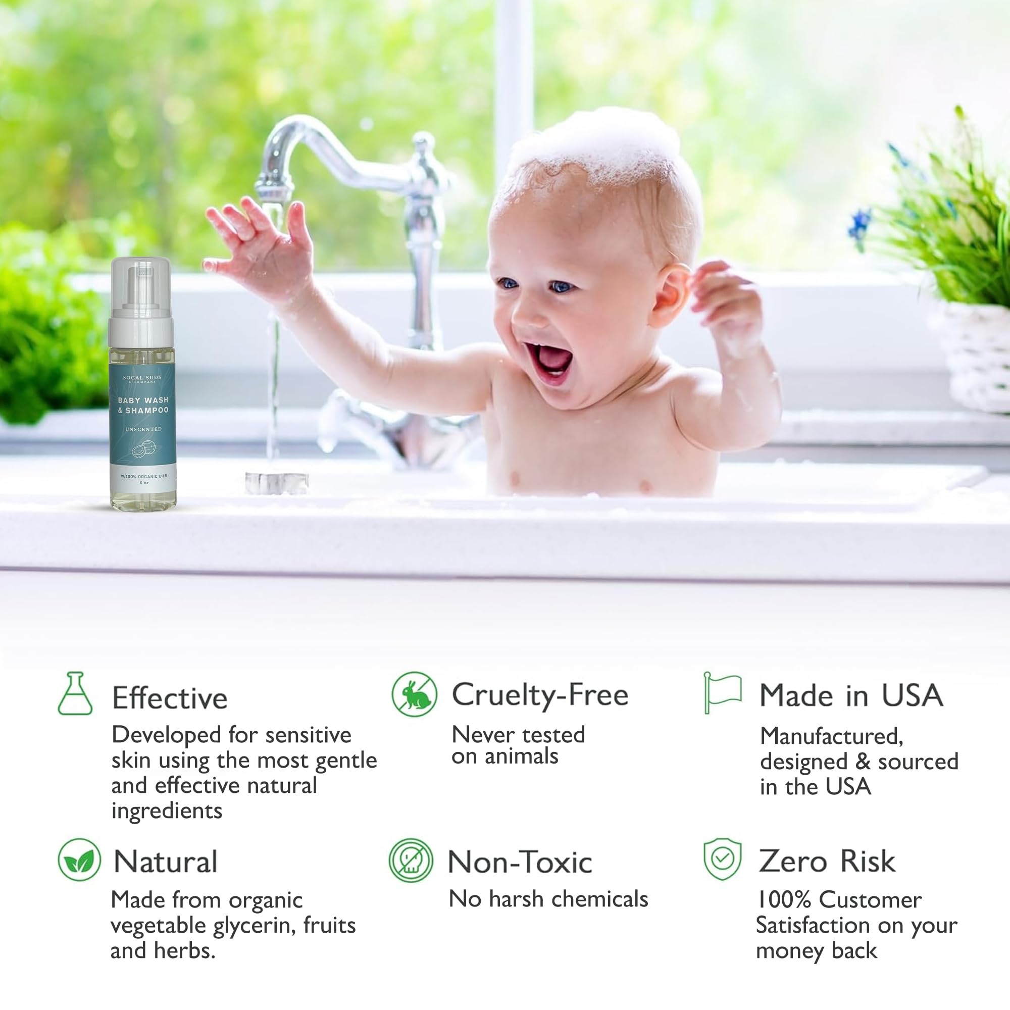 SoCal Suds & Company Gentle Botanical Baby Wash for Sensitive Skin - 2-in-1 Organic Foaming Shampoo & Body Wash - Clean Natural Nourishing Castile Soap Ingredients - Fragrance Free, 6 oz (Pack of 2)