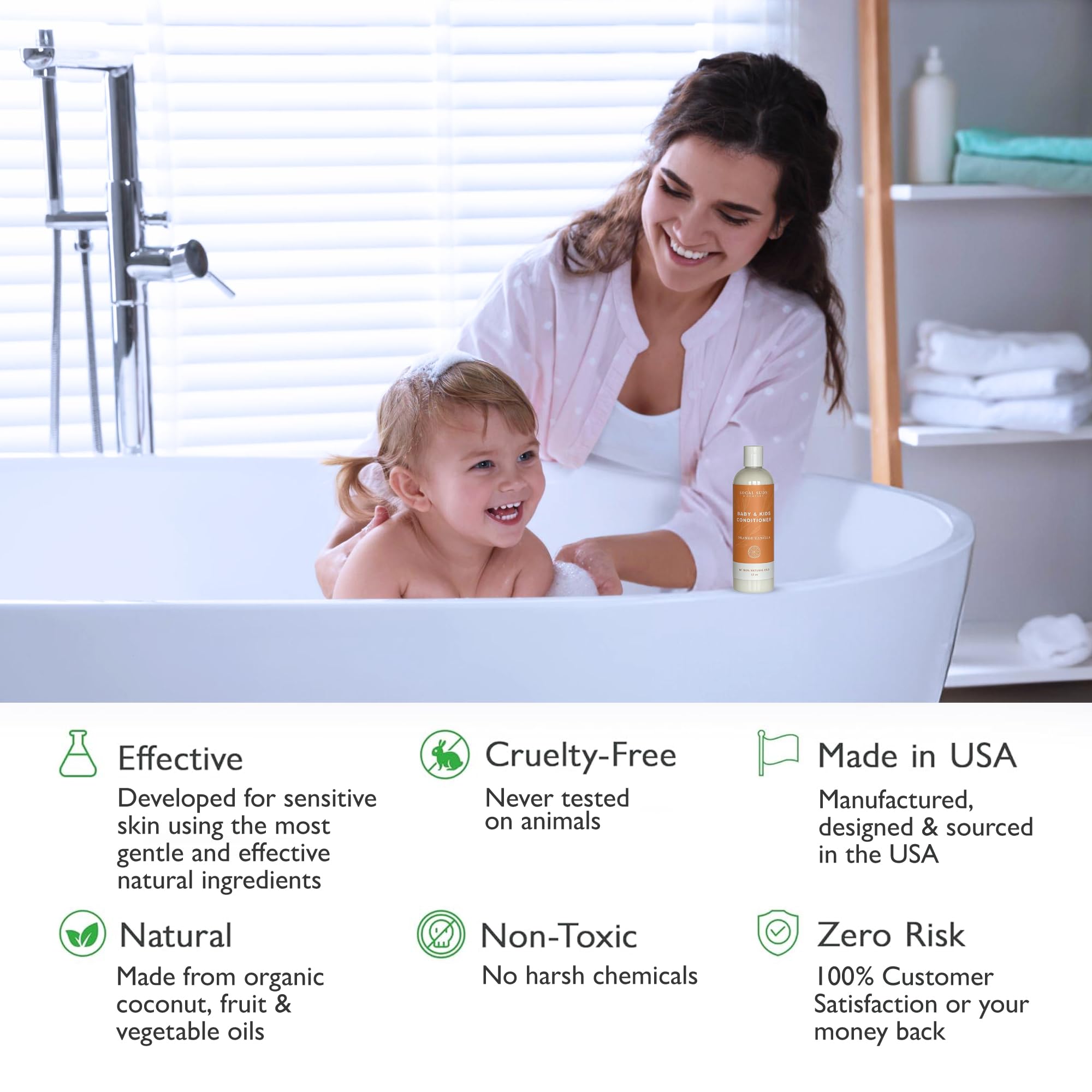 SoCal Suds & Company Organic Baby & Kids Conditioner - Moisture Baby Hair Conditioner - Gentle Natural Vitamin Rich Ingredient Organic Oils for Babies and Kids Sensitive Scalp - Orange Vanilla 12oz