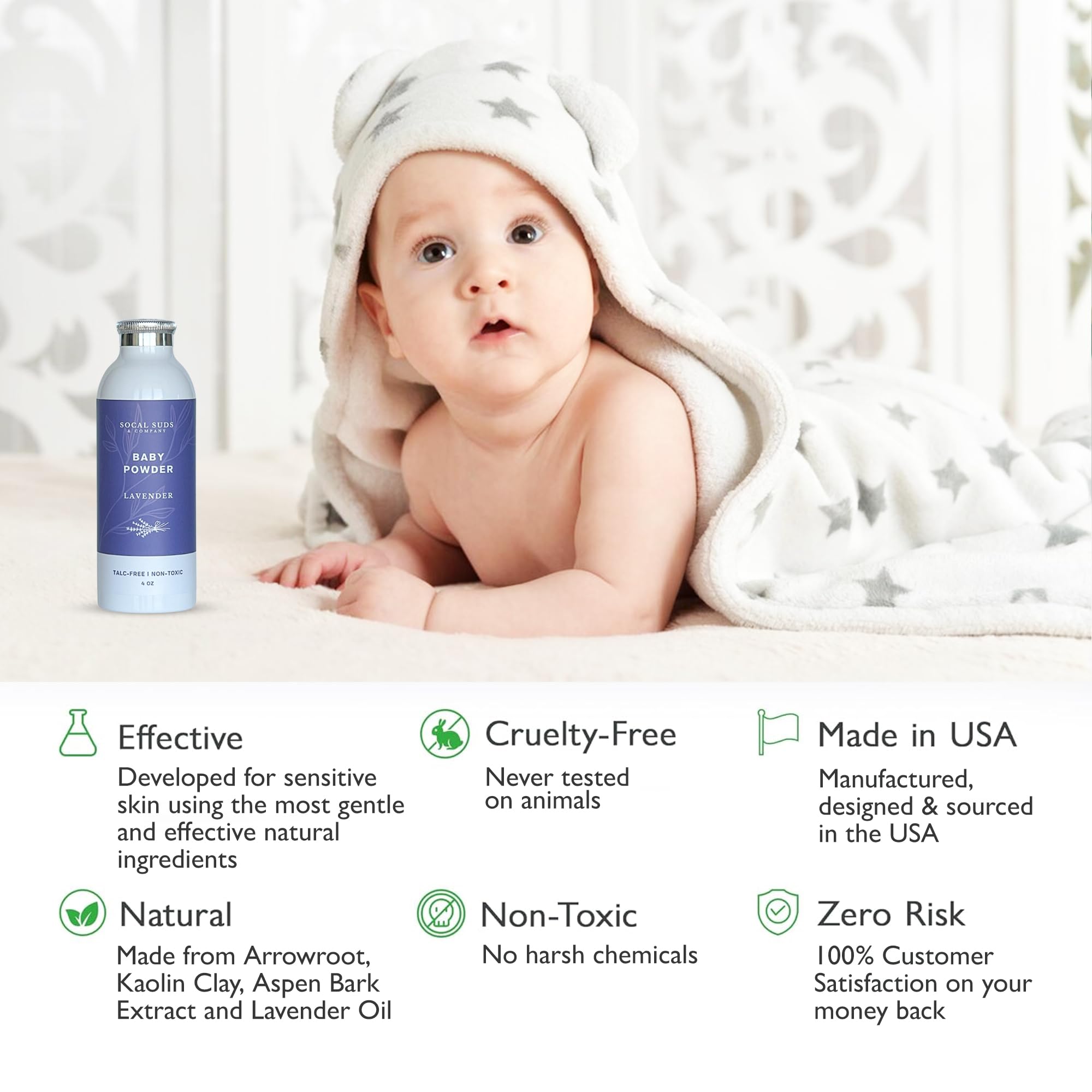 SoCal Suds & Company Natural Baby Powder Talc-Free Newborn Essentials - with Arrowroot Powder, Kaolin, Aspen Bark Extract for Soft Soothing Protected Skin - Gentle Absorption - Lavender, 4oz