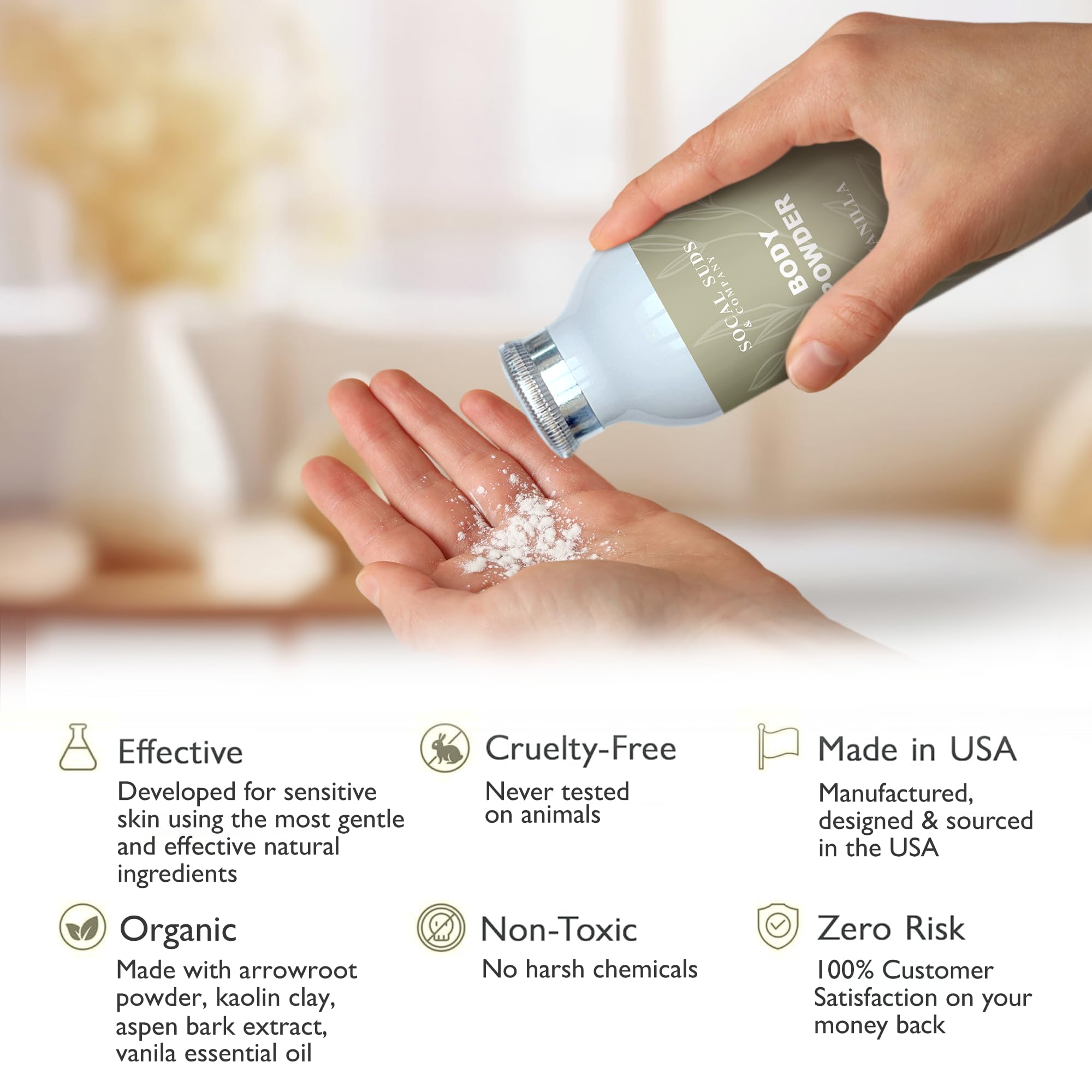 SoCal Suds & Company Natural Body Powder Talc-Free - with Arrowroot Powder, Kaolin, Aspen Bark Extract for Soft Soothing Delicate Skin - Vanilla 4oz, 1-Pack