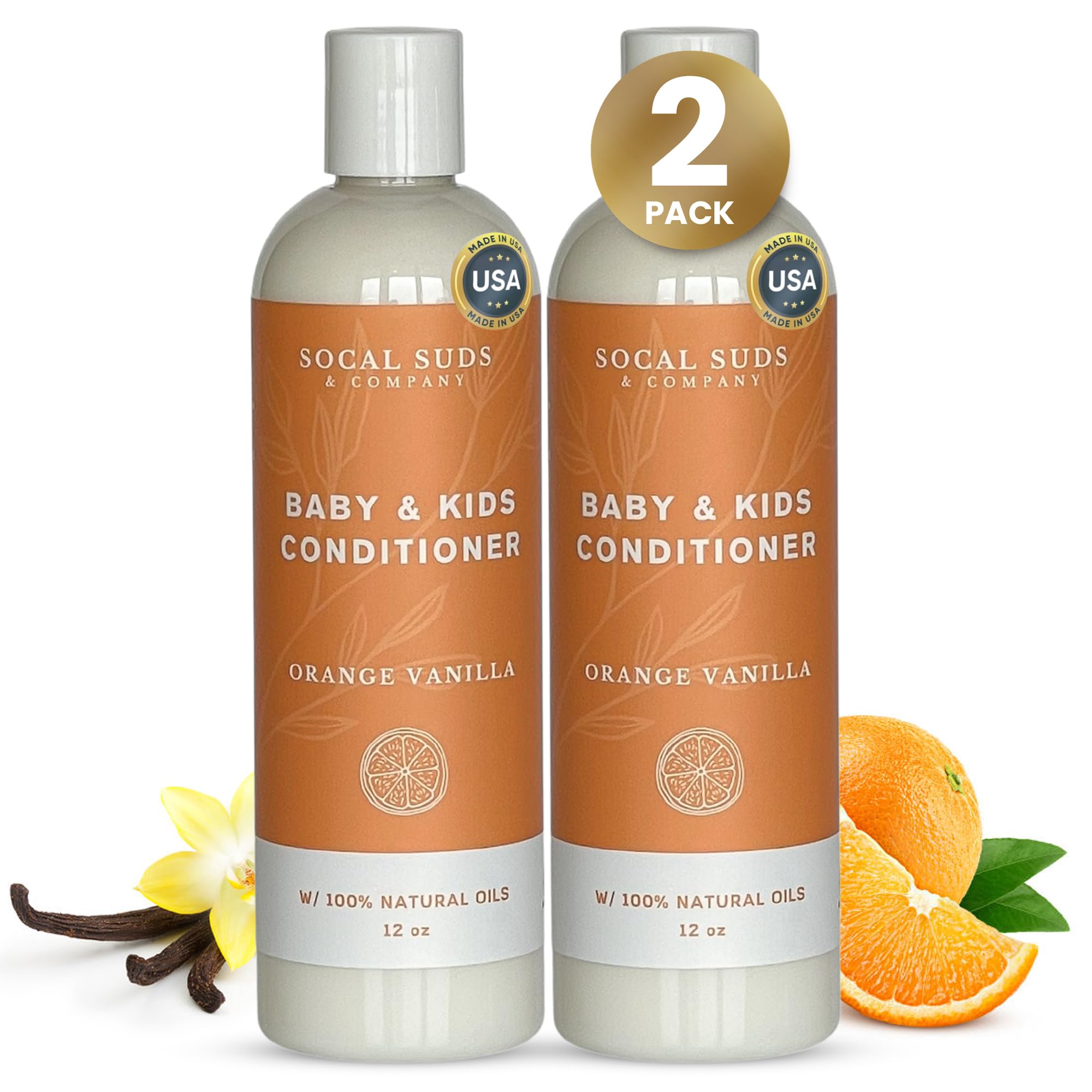 SoCal Suds & Company Organic Baby & Kids Conditioner - Gentle Natural Ingredients, Vitamin Rich Organic Oils for Babies and Kids Sensitive Scalp - Orange Vanilla, 12oz - 2 Pack