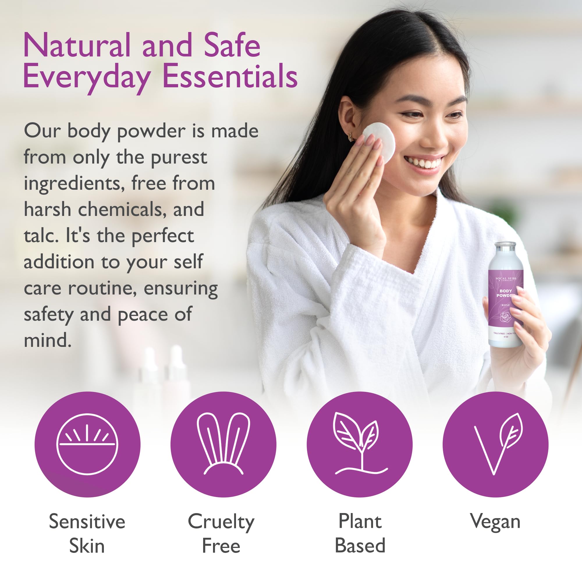 SoCal Suds & Company Natural Body Powder Talc-Free - with Arrowroot Powder, Kaolin, Aspen Bark Extract for Soft Soothing Delicate Skin - Rose 4oz, 1-Pack