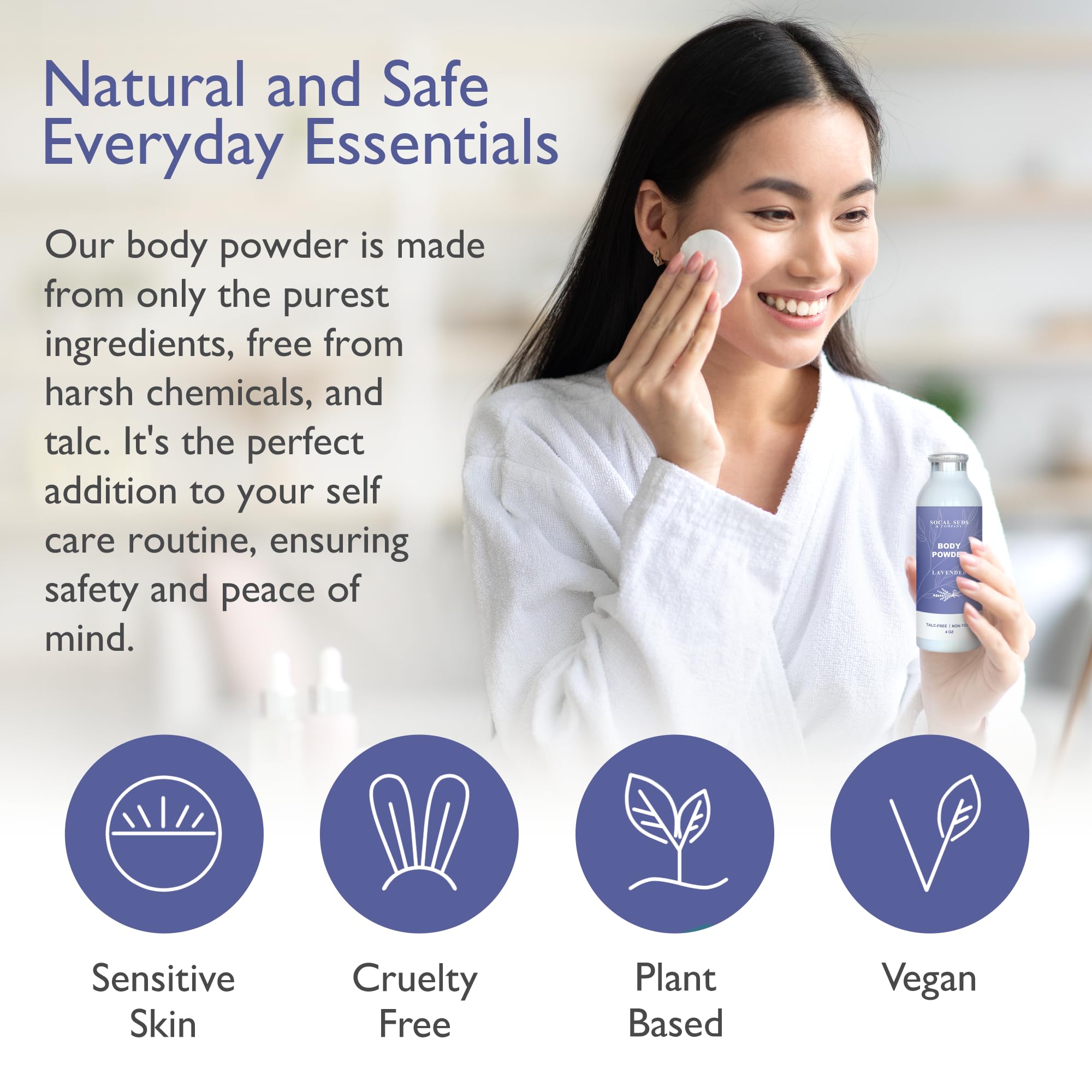 SoCal Suds & Company Natural Body Powder Talc-Free - with Arrowroot Powder, Kaolin, Aspen Bark Extract for Soft Soothing Delicate Skin - Lavender 4oz, 1-Pack