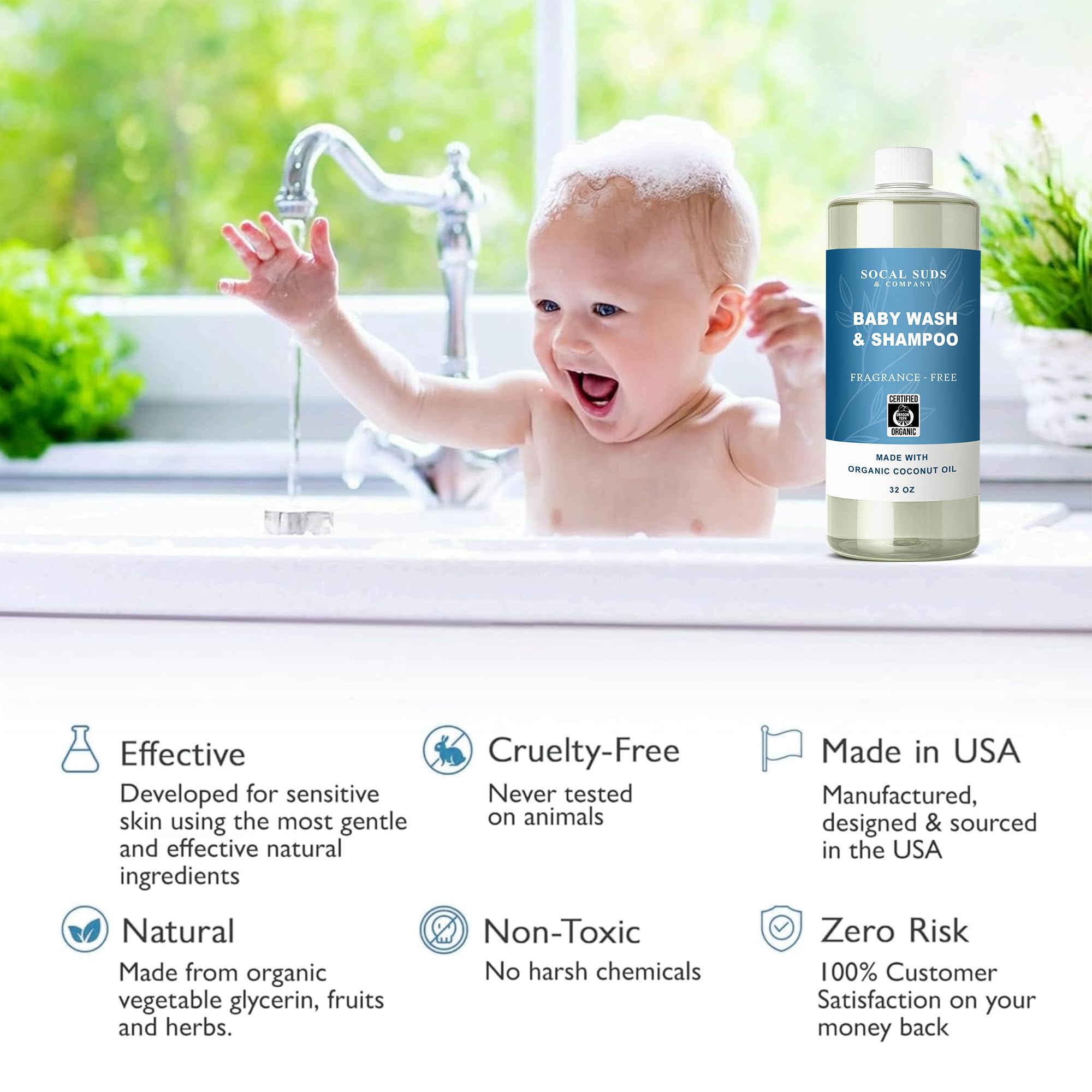 SoCal Suds & Company - 2-in-1 Organic Foaming Baby Wash Castile Soap & Shampoo Refill - Gentle Body Soap for Sensitive Gentle Bath -Nourishing Soothing Ingredients -Newborn Baby - Fragrance Free, 32oz