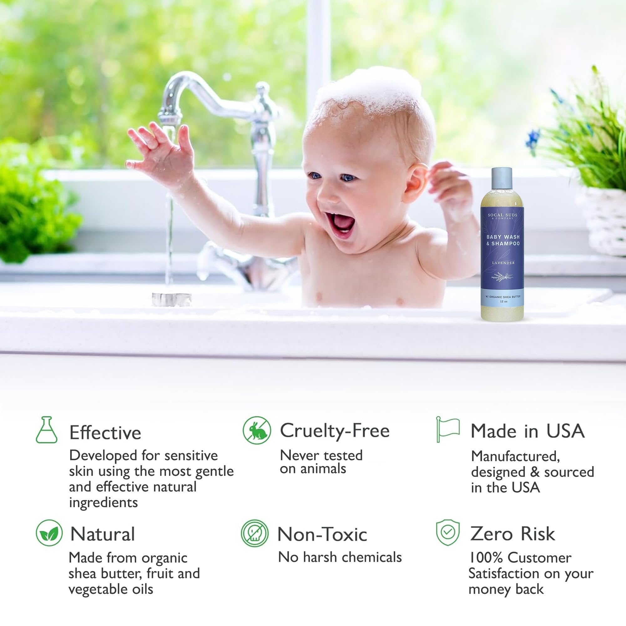 SoCal Suds & Company Baby Body Wash & Shampoo with Shea Moisture for Sensitive Skin - Bath & Hair Products for Toddlers & Babies, Natural Soap - 2 Pack Lavender 12oz Bottles