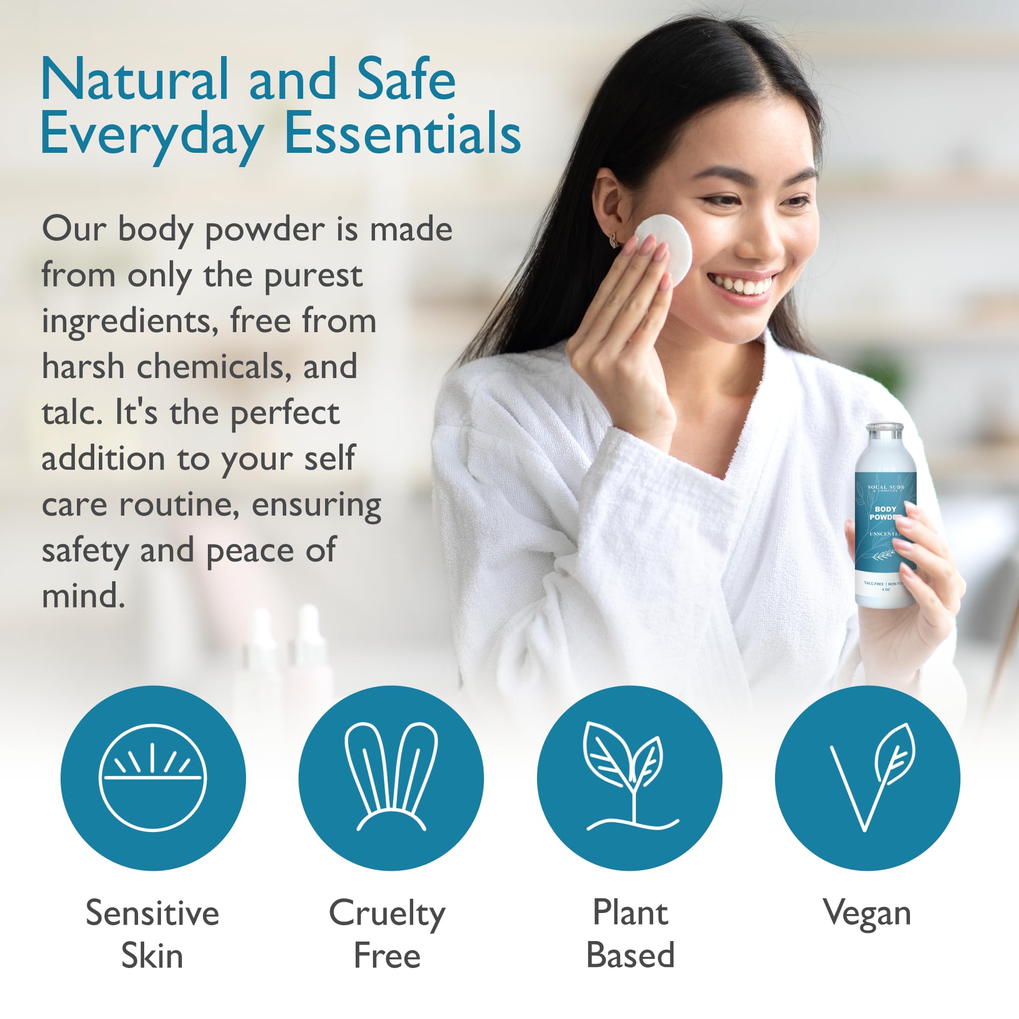 SoCal Suds & Company Natural Body Powder Talc-Free - with Arrowroot Powder, Kaolin, Aspen Bark Extract for Soft Soothing Delicate Skin - Fragrance Free, 4oz, 1-Pack