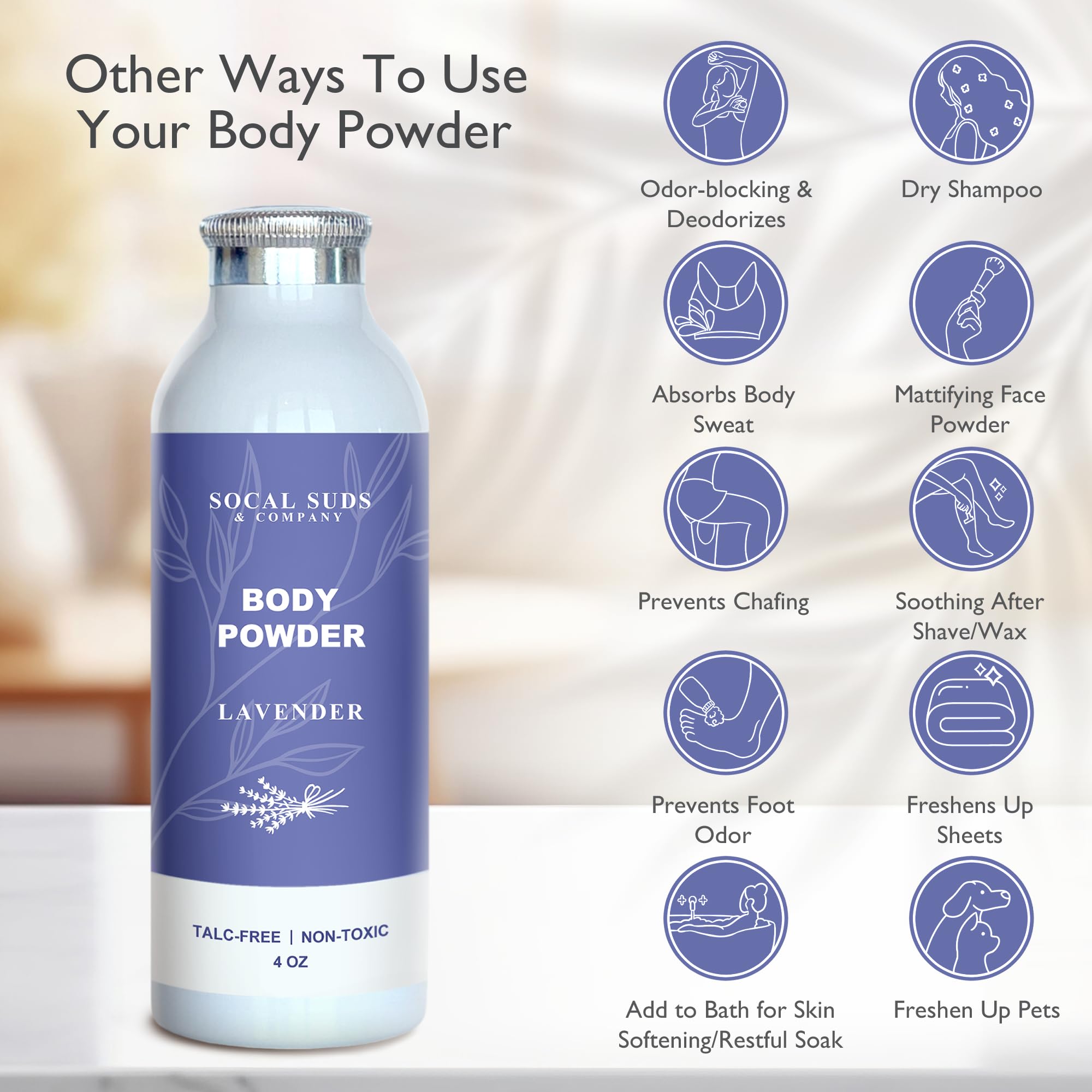 SoCal Suds & Company Natural Body Powder Talc-Free - with Arrowroot Powder, Kaolin, Aspen Bark Extract for Soft Soothing Delicate Skin - Lavender 4oz, 1-Pack