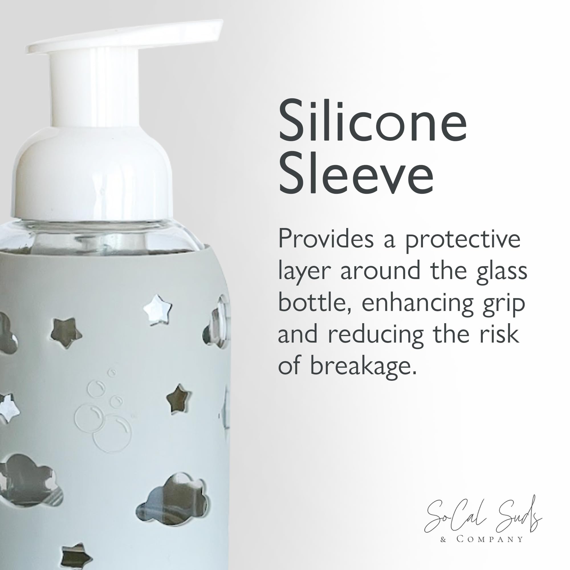 SoCal Suds & Company Glass Bottle Foaming Soap Dispenser - Soft Grip Silicone Sleeve, Refillable Pump Bottle for Kids, Baby Wash & Shampoo, Hand Soap Dispenser, Ideal for Home Use, Light Grey 8oz