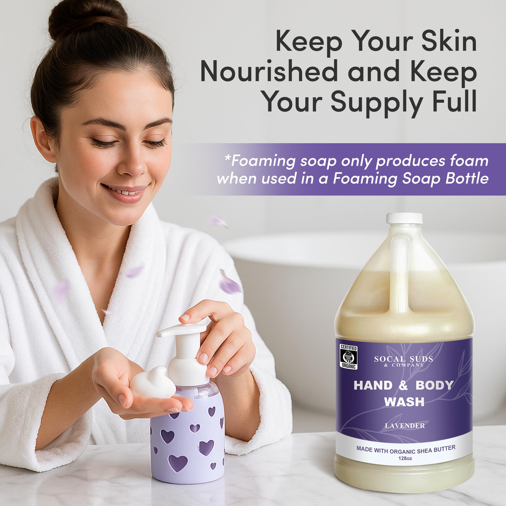 SoCal Suds & Company 128oz Certified Organic Hand & Body Wash w/ Shea Butter - Gentle Natural Body, Baby & Face Wash for Sensitive Skin - Moisturizing Thick Castile Soap, Hand Soap and More - Lavender