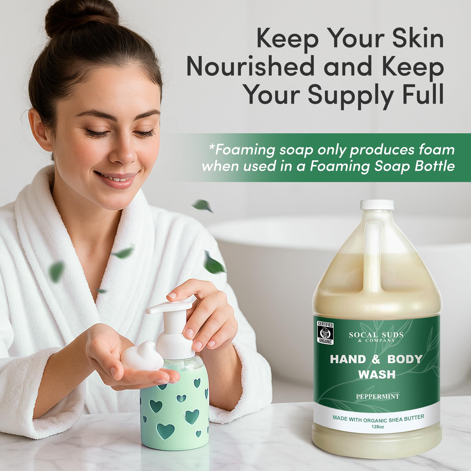 SoCal Suds & Company 128oz Certified Organic Hand & Body Wash w/ Shea Butter - Gentle Natural Body,Baby & Face Wash for Sensitive Skin, Moisturizing Thick Castile Soap, Hand Soap and More - Peppermint