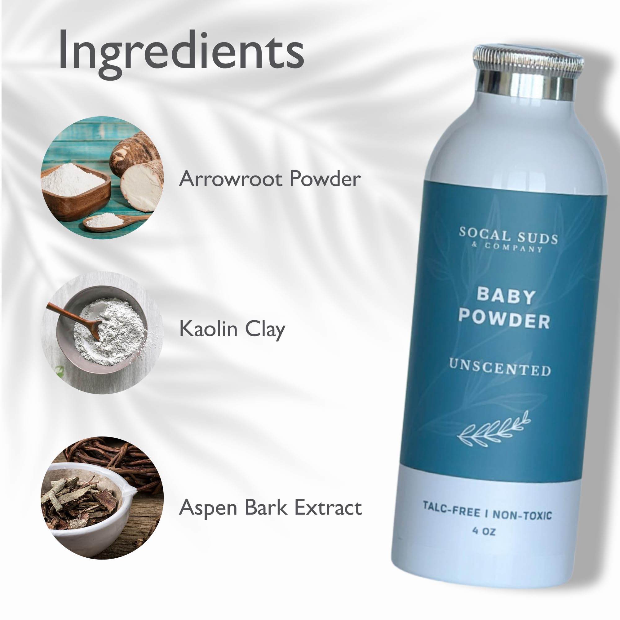 SoCal Suds & Company Natural Baby Powder Talc-Free Formula - with Arrowroot, Kaolin, Aspen Bark Extract for Soft Soothing Sensitive Skin - Gentle Absorption - Fragrance Free, 4oz, 2-Pack